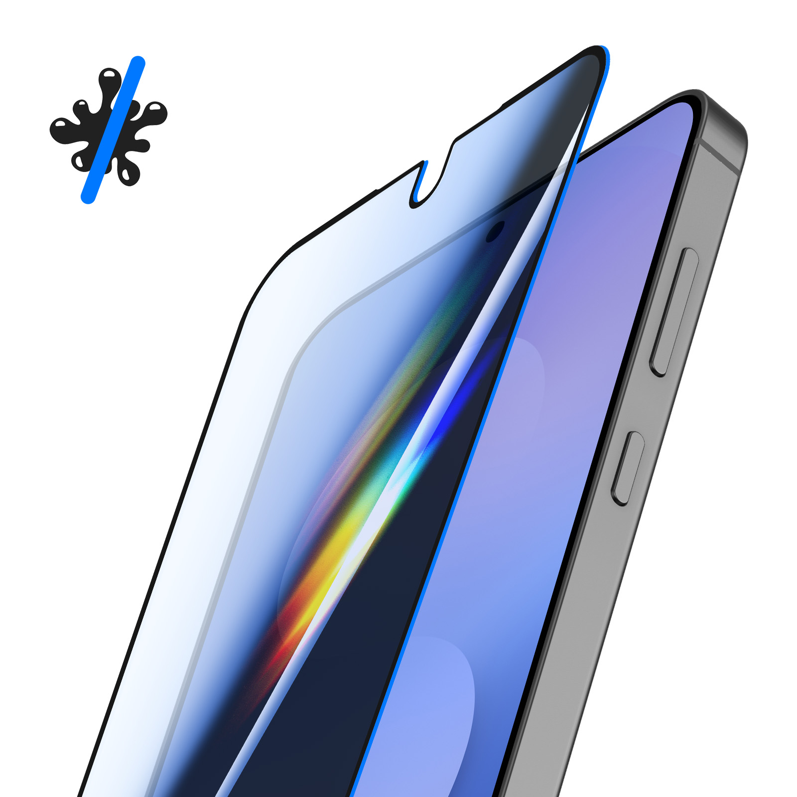 Protection d'écran posée sur un smartphone. Marque bleue en haut à gauche.