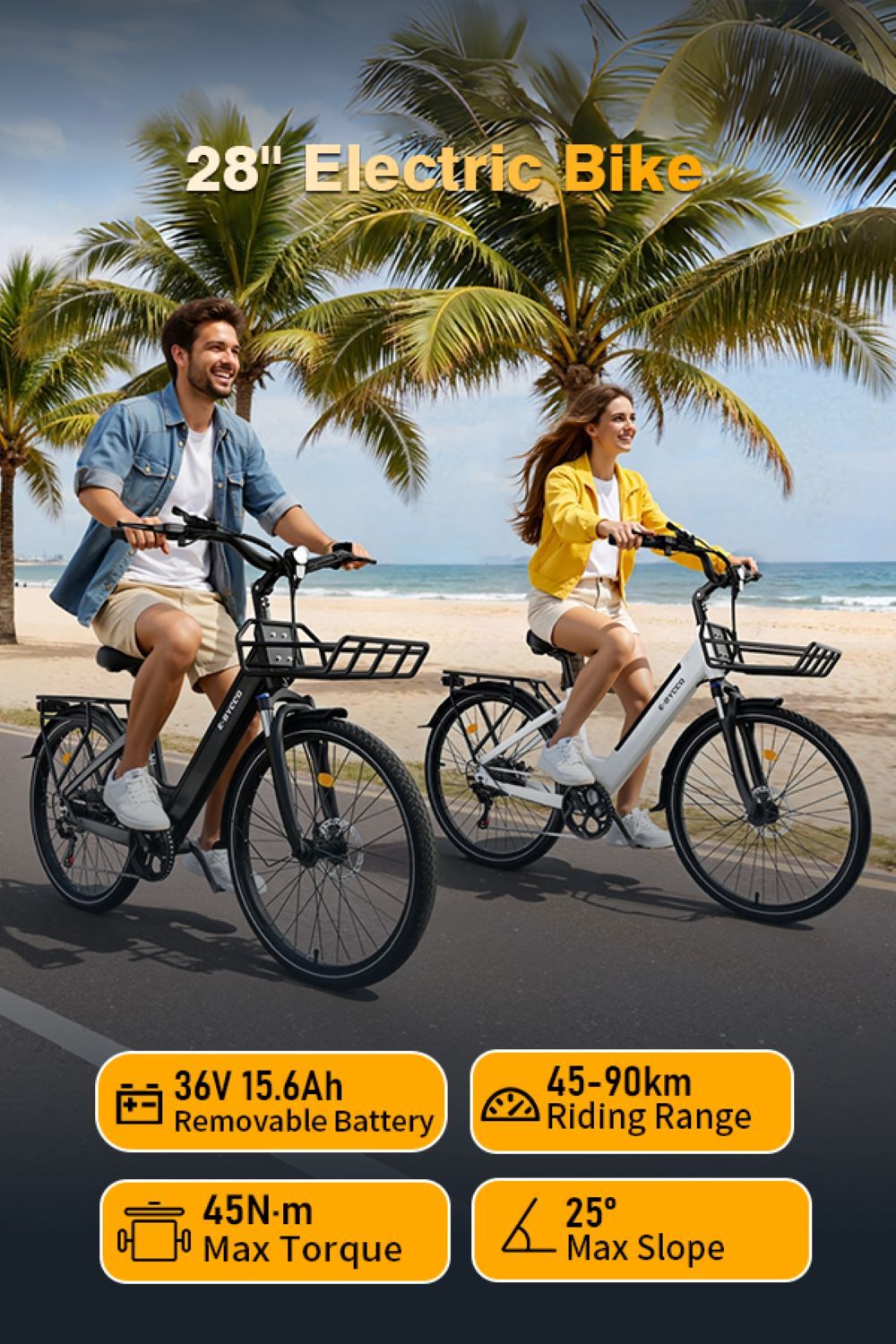 Uomo e donna in sella a e-bike da 28 pollici su una spiaggia.