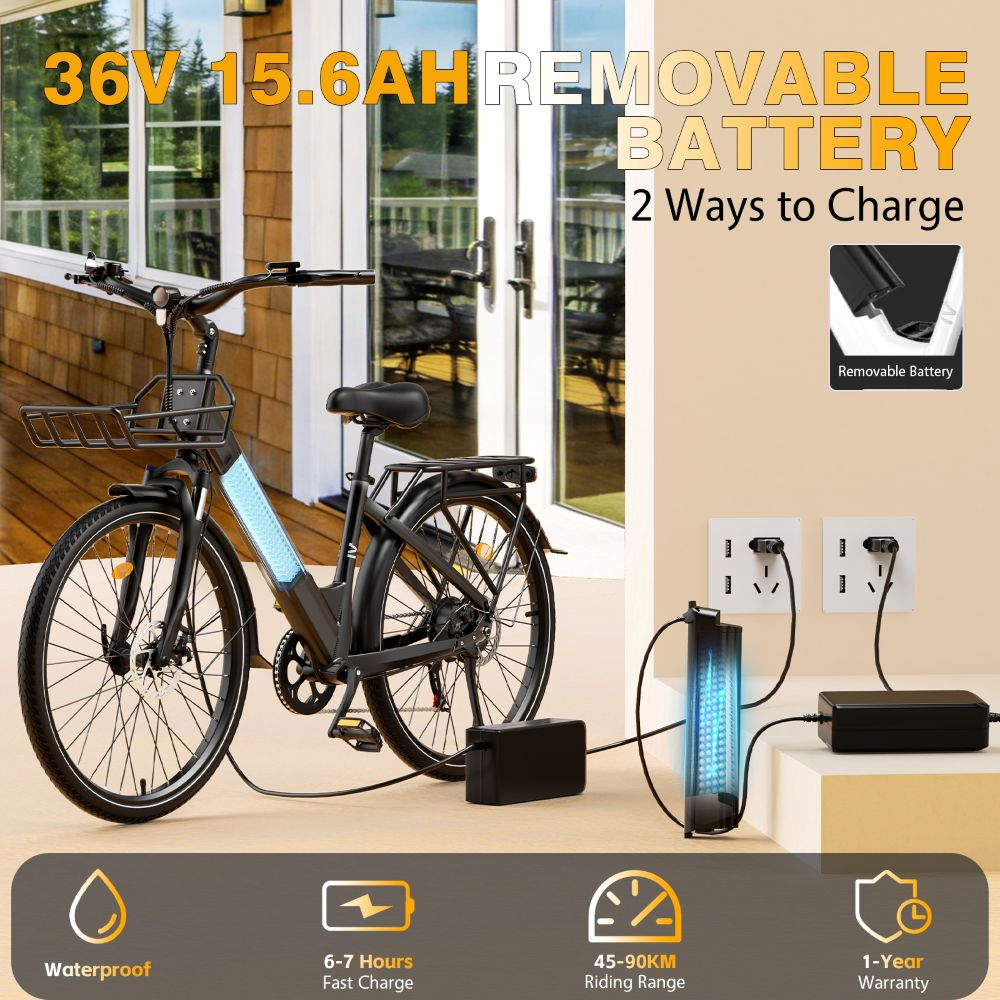Bicicletta elettrica nera con batteria rimovibile in carica alle prese.
