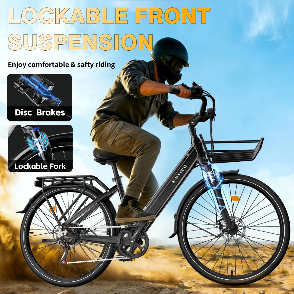 Uomo guida e-bike con freni a disco e sospensione anteriore.