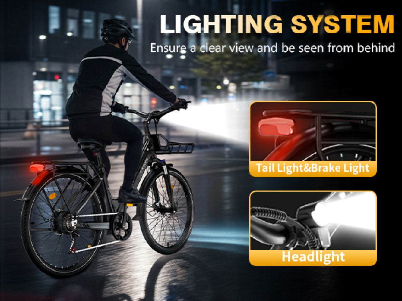 Ciclista con sistema di illuminazione di notte. Primo piano fanale posteriore e anteriore.