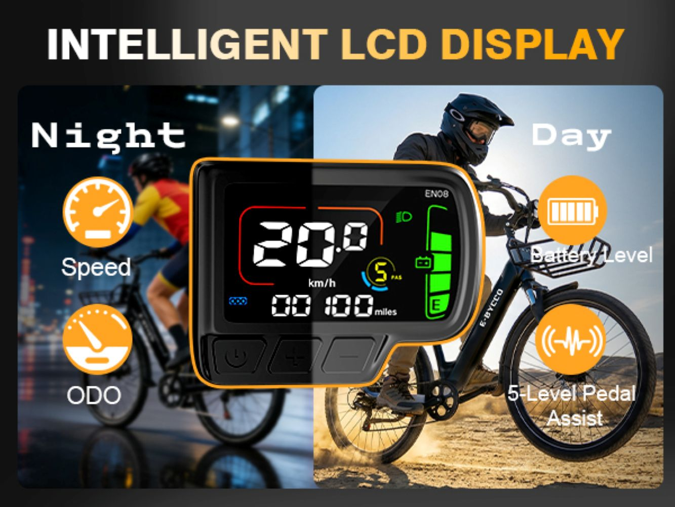 Display LCD intelligente mostra velocità, contachilometri, livello batteria e assistenza.