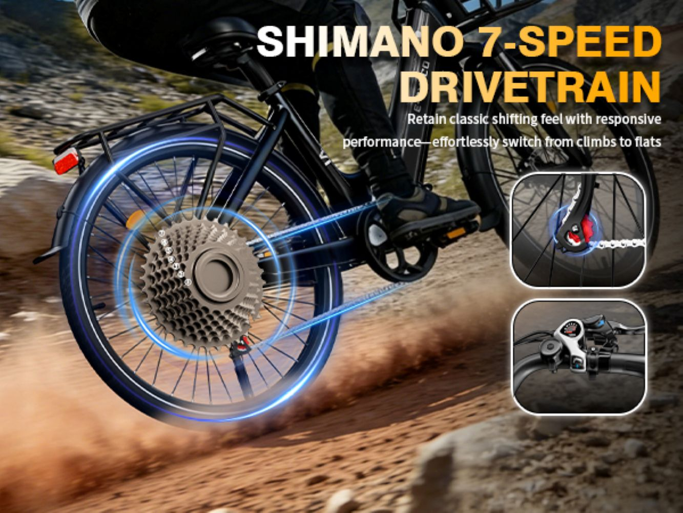 Primo piano della trasmissione Shimano a 7 velocità di una bicicletta su terreno accidentato.