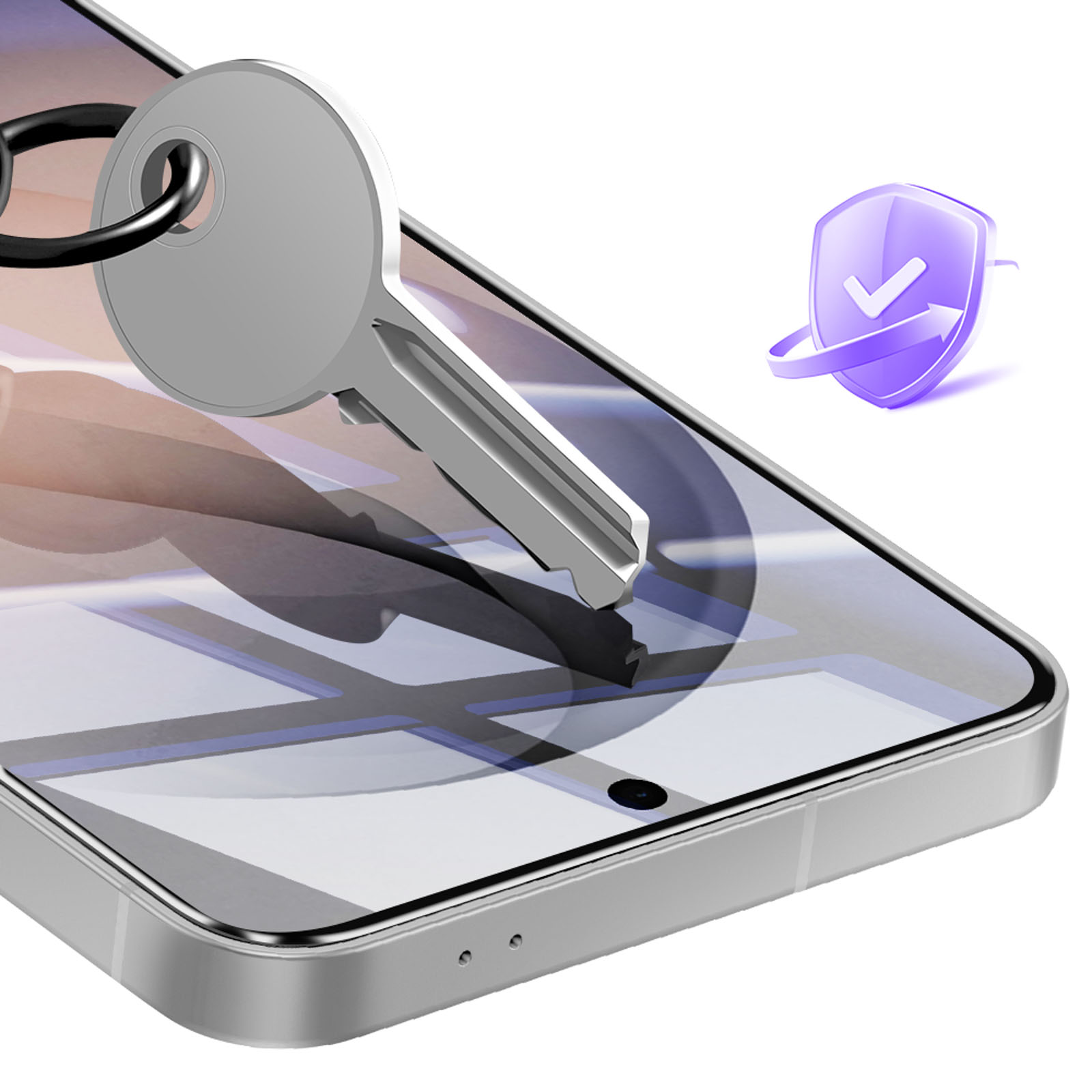 Una chiave poggia sullo schermo di uno smartphone, accanto a un'icona a scudo.