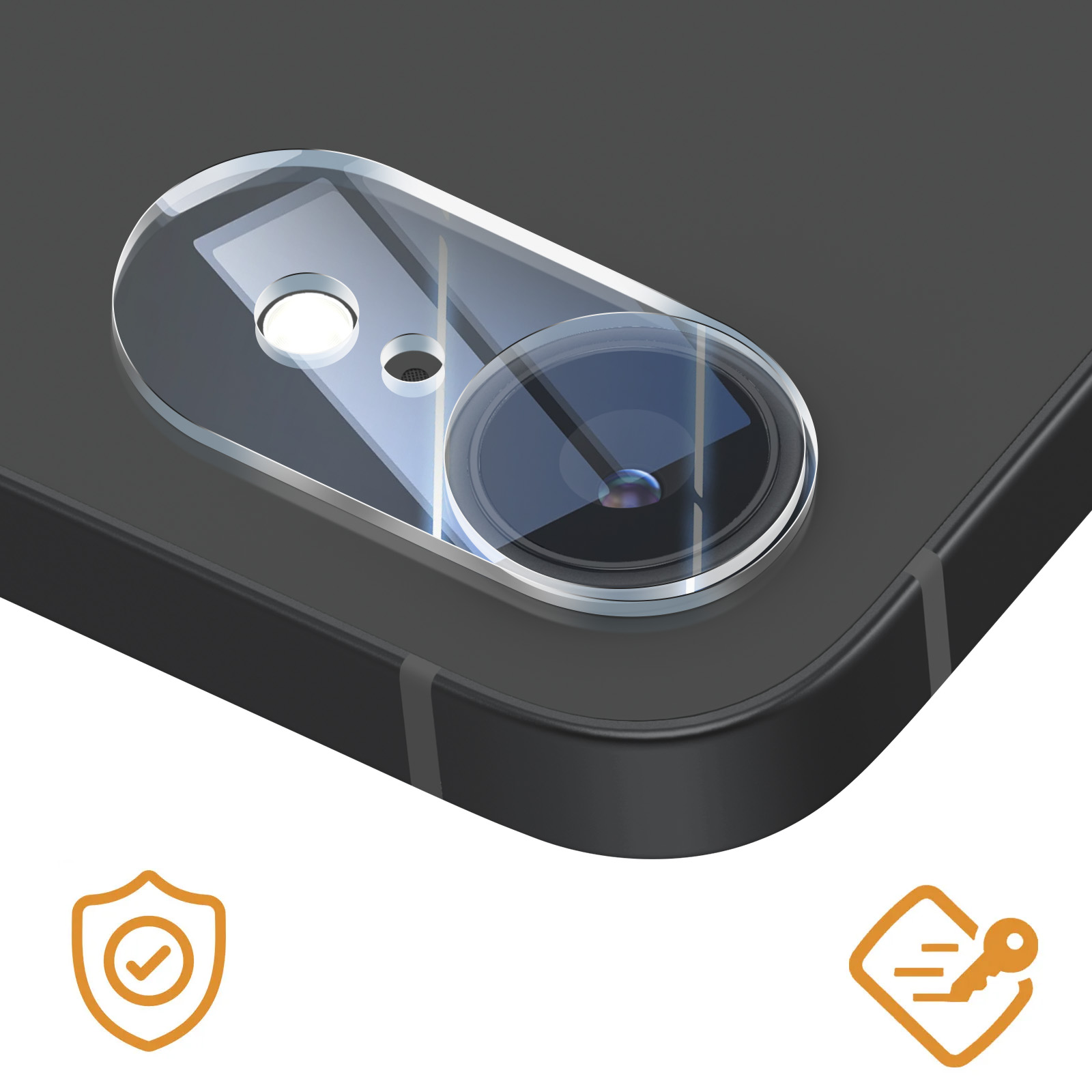 Close-up of a phone camera cover on a black phone, icons at the bottom right.