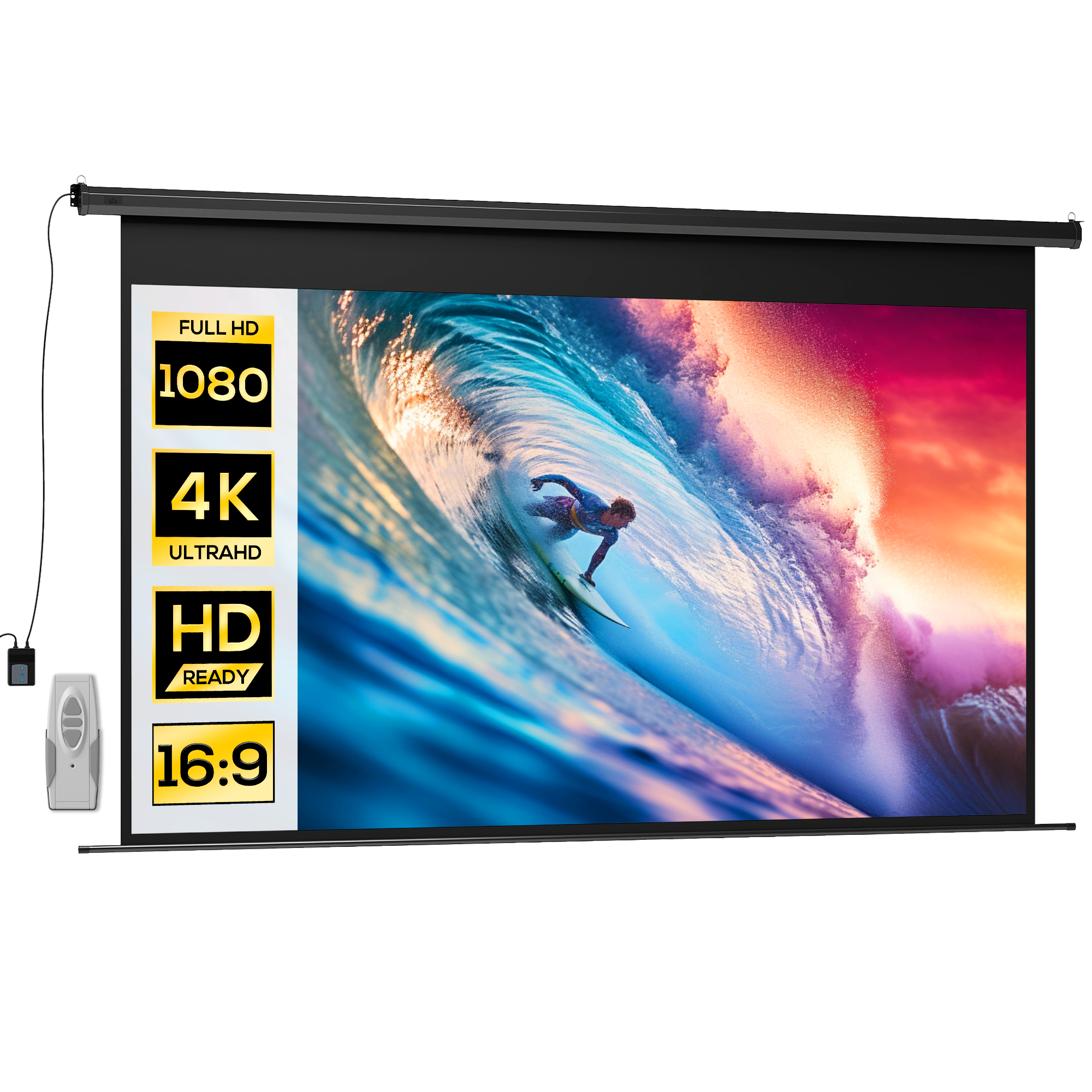 Schermo proiettore motorizzato mostra surfista su onda con loghi 1080p, 4K, HD, 16:9.