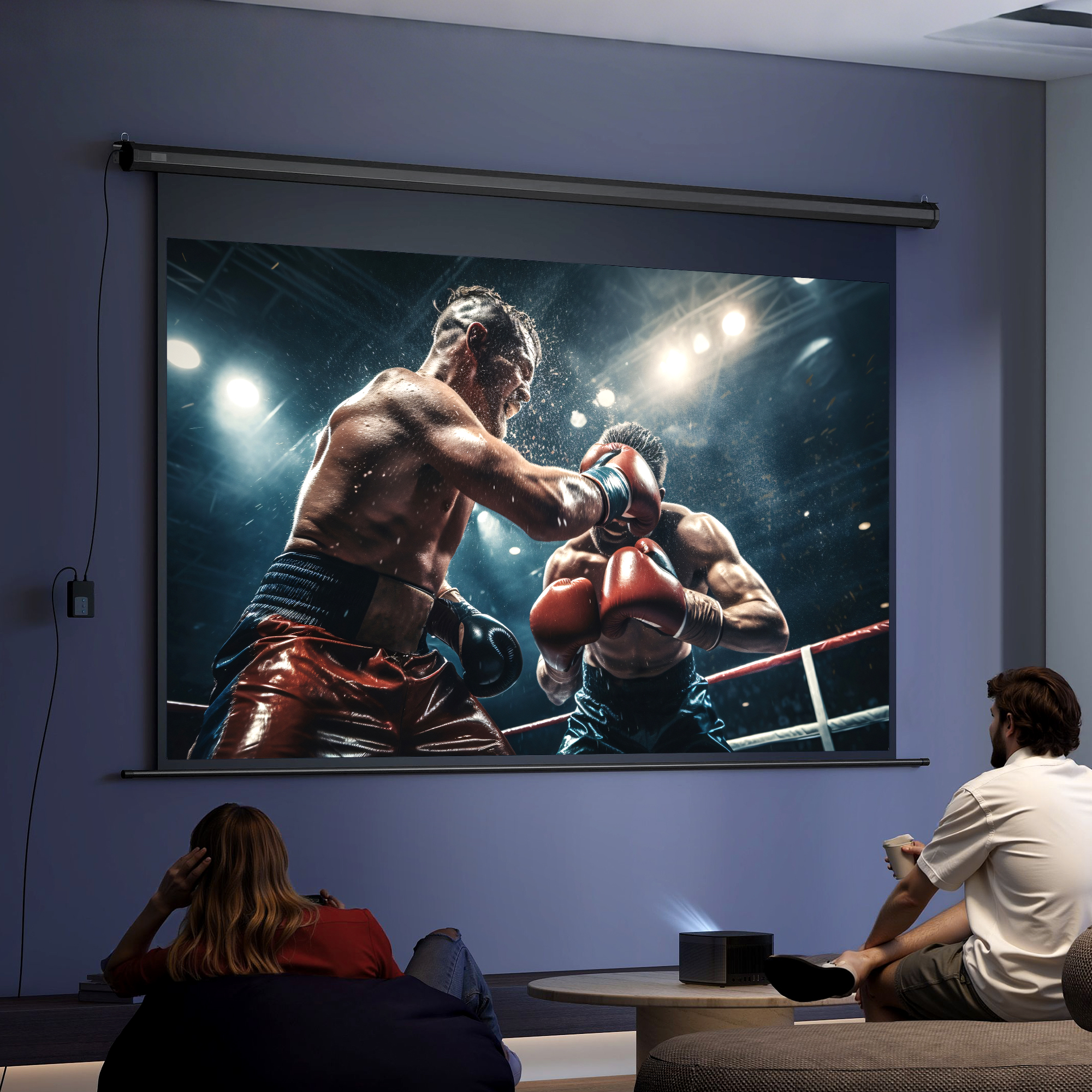 Due pugili sul ring, illuminati dai riflettori, osservati da una coppia in una stanza buia.