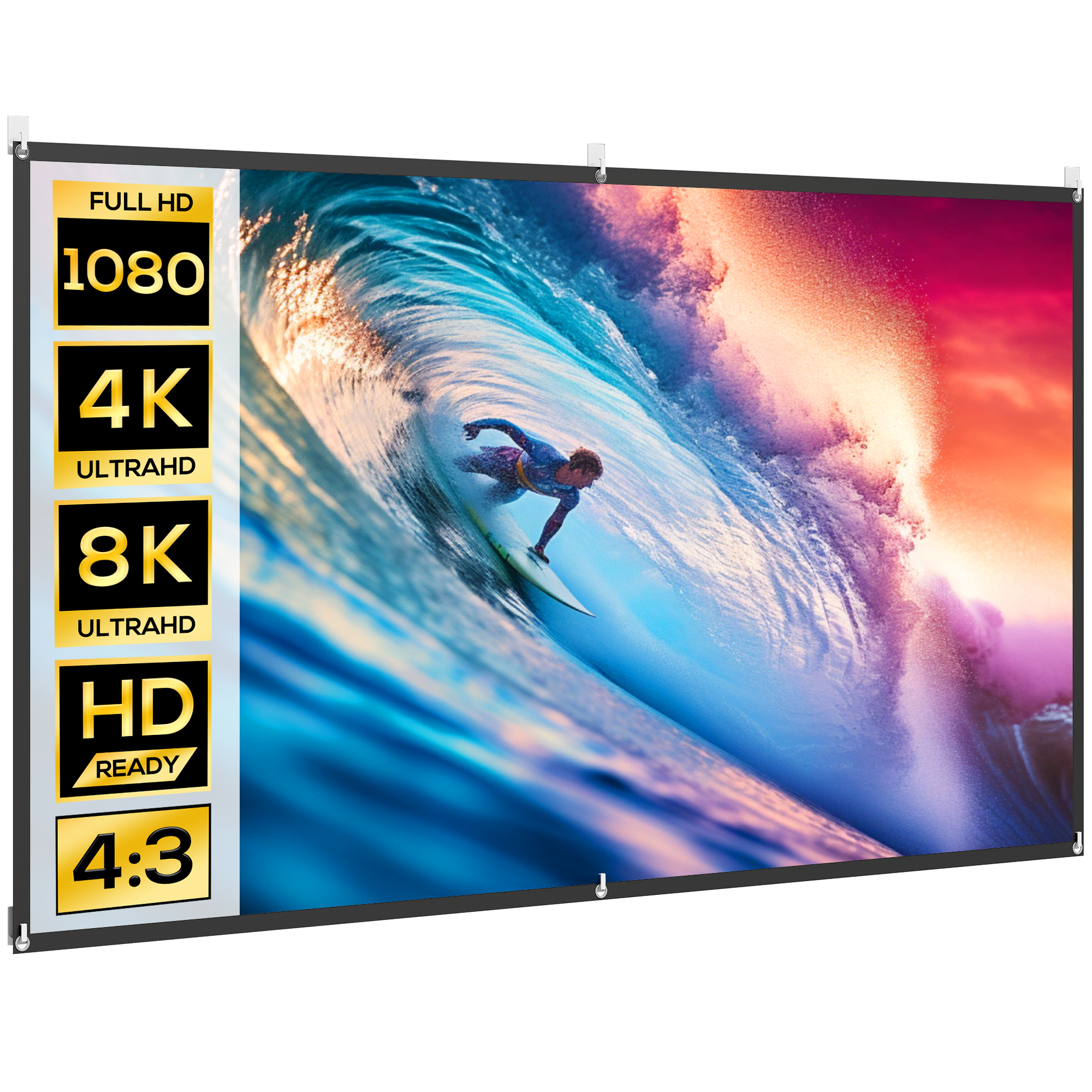 Un surfista cavalca un'onda, con specifiche di risoluzione come 1080, 4K, 8K, HD, 4:3.