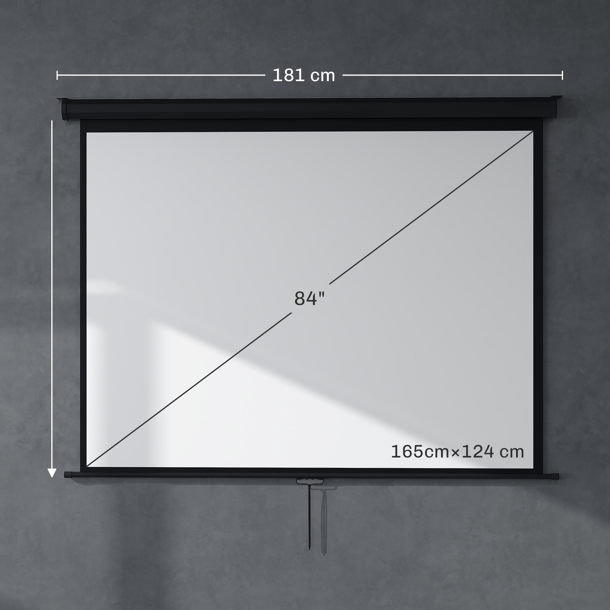 Uno schermo di proiezione bianco (84 pollici, 165x124 cm) è montato su un muro grigio.