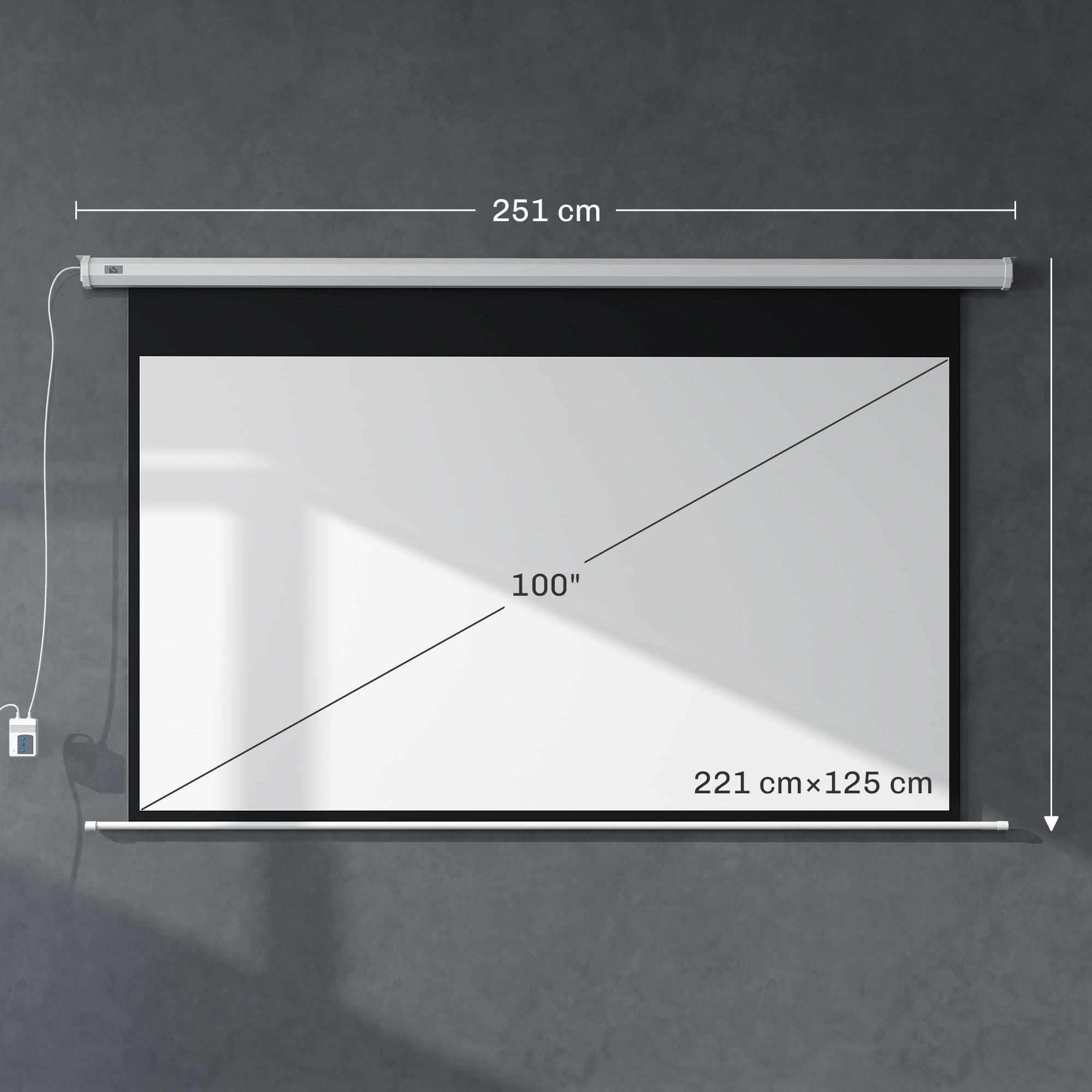 Uno schermo di proiezione bianco da 100 pollici, largo 251 cm, montato su muro grigio.