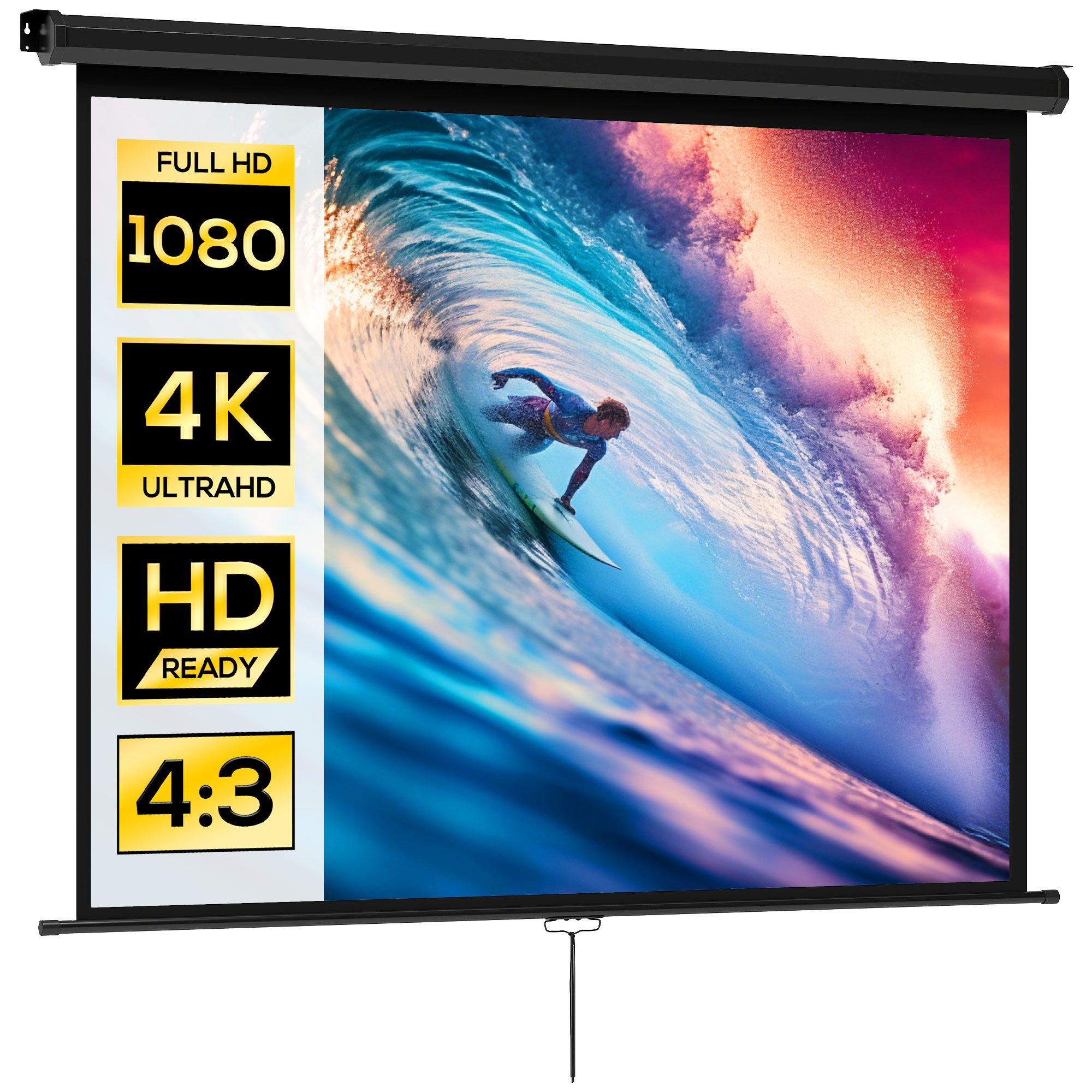 Schermo proiettore mostra surfista in onda. Testo: FULL HD 1080, 4K ULTRAHD, HD READY, 4:3.