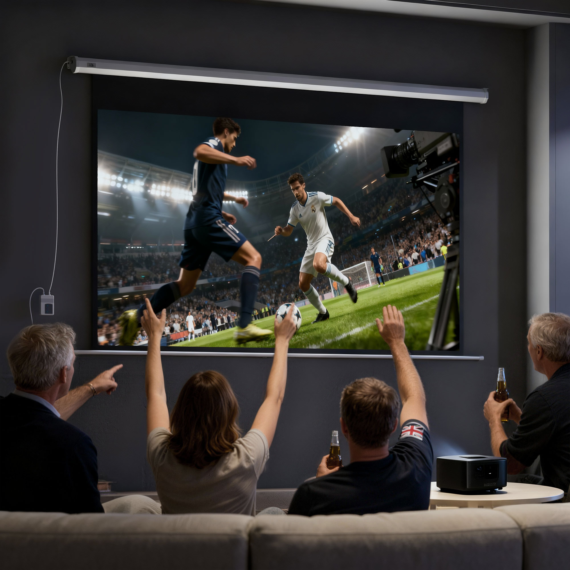 Persone guardano il calcio su un grande schermo mentre un proiettore le illumina.