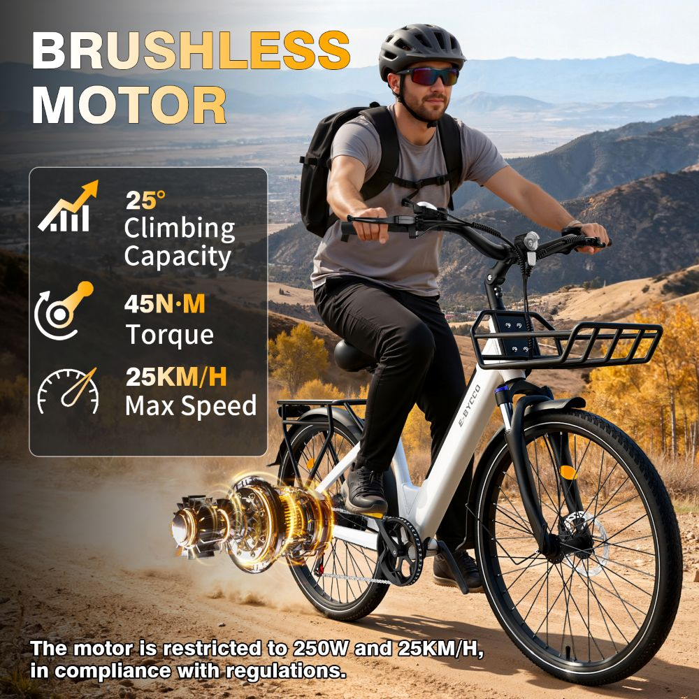 Uomo guida e-bike bianca su strada sterrata. Specifiche: 25° salita, 45Nm coppia, 25km/h max.