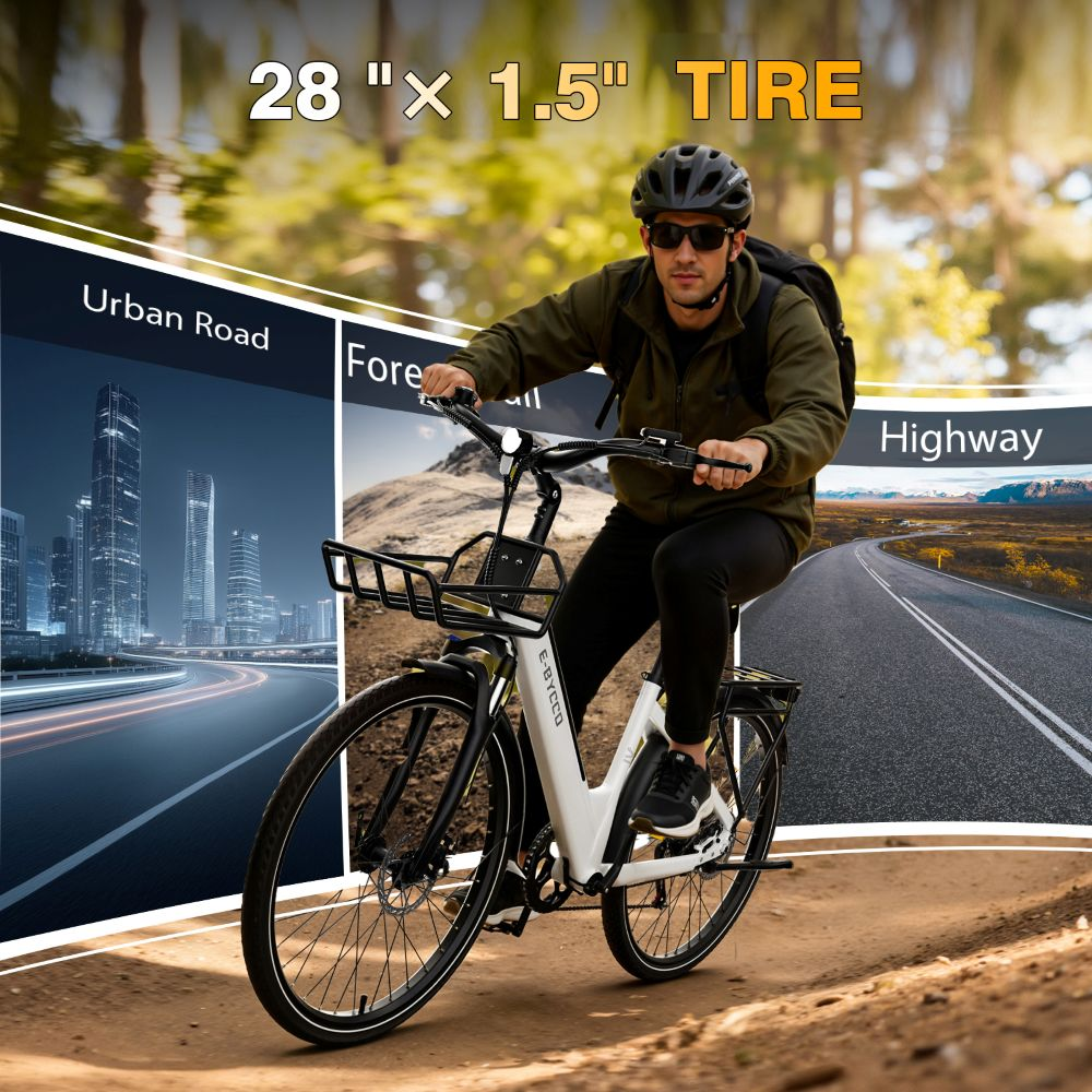 Uomo guida e-bike bianca su sterrato, gomma 28x1,5.
