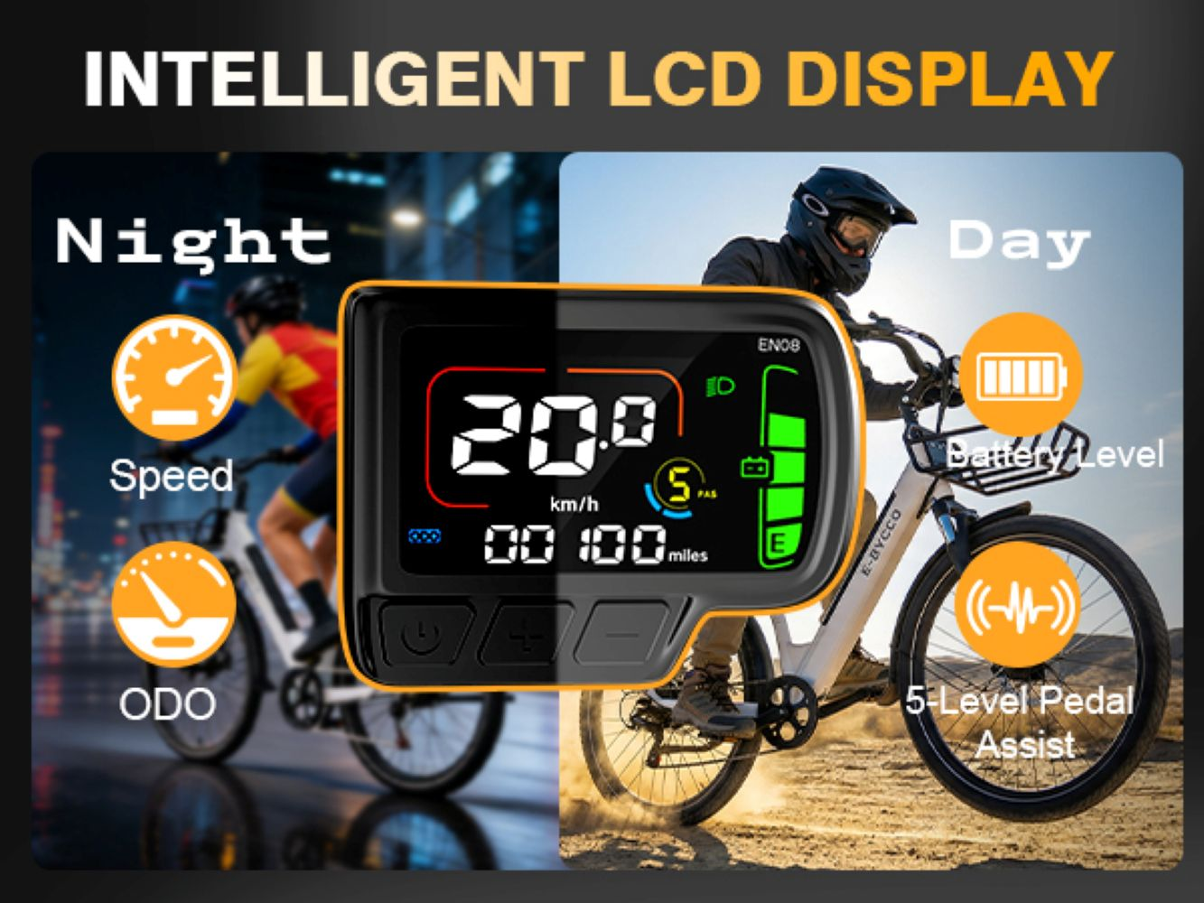 Display LCD intelligente mostra velocità, contachilometri, livello batteria e assistenza alla pedalata.