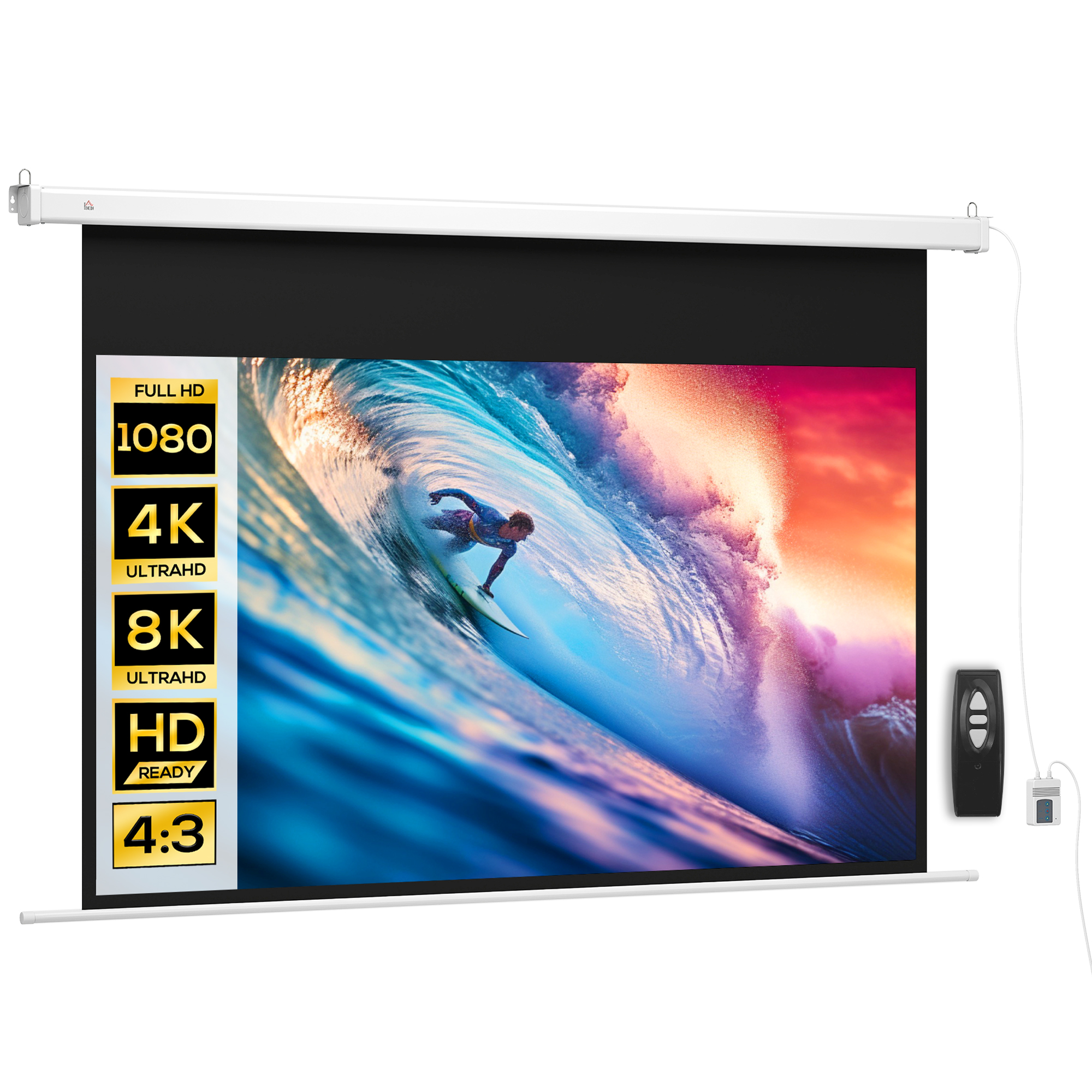 Schermo proiettore con surfista in onda, loghi 1080p, 4K, 8K, HD Ready, 4:3.