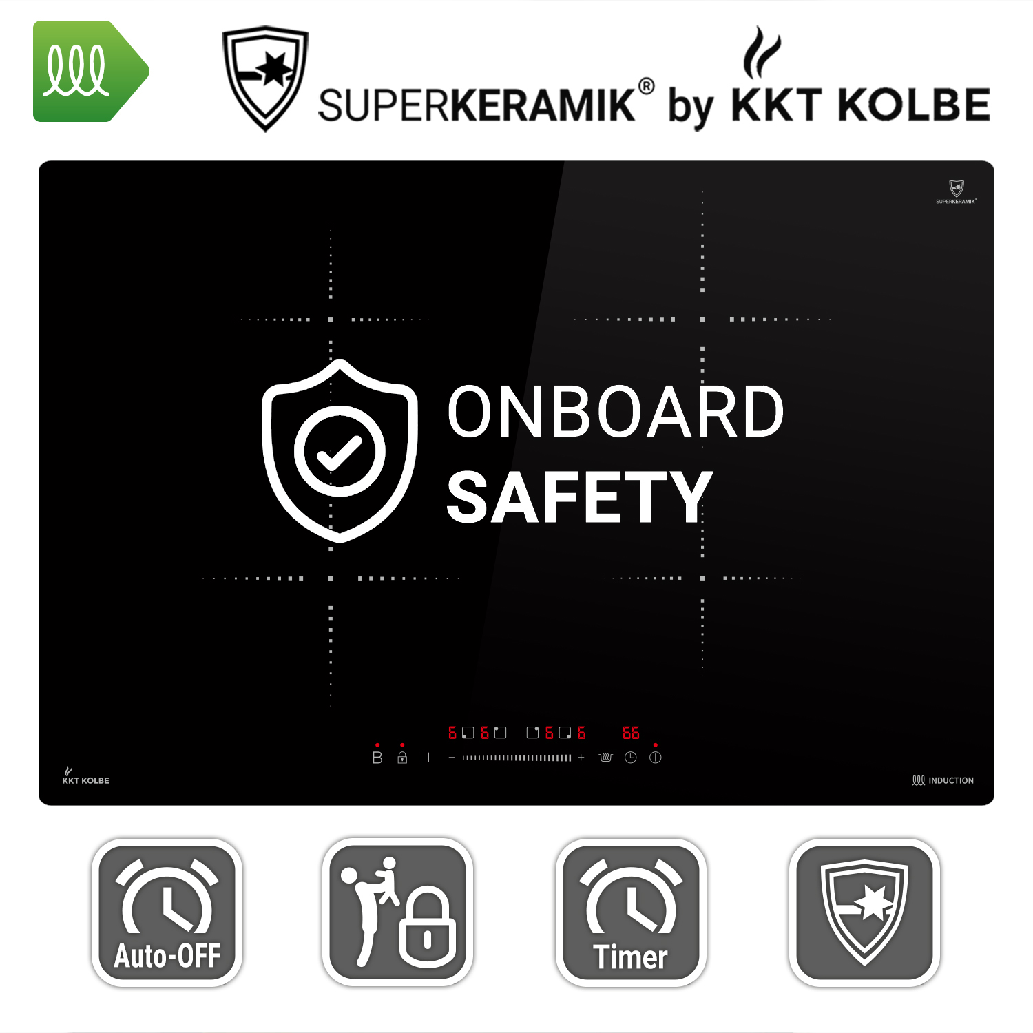 Induktionskochfeld mit "ONBOARD SAFETY" und Symbolen für Timer, Kindersicherung, Auto-Off.