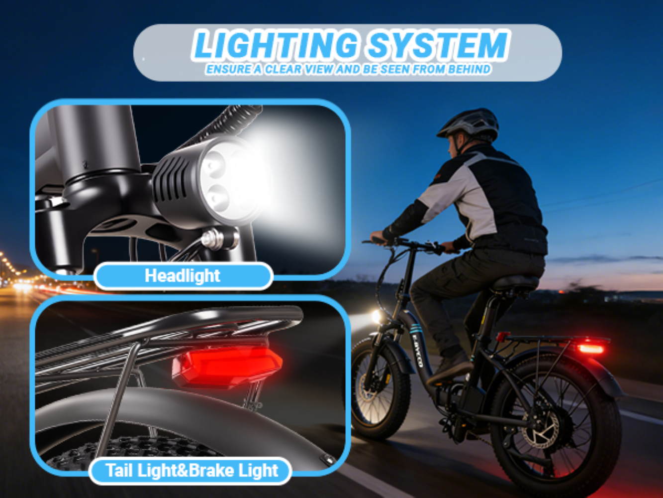 Un uomo guida una bicicletta di notte, con faro e fanale posteriore accesi.