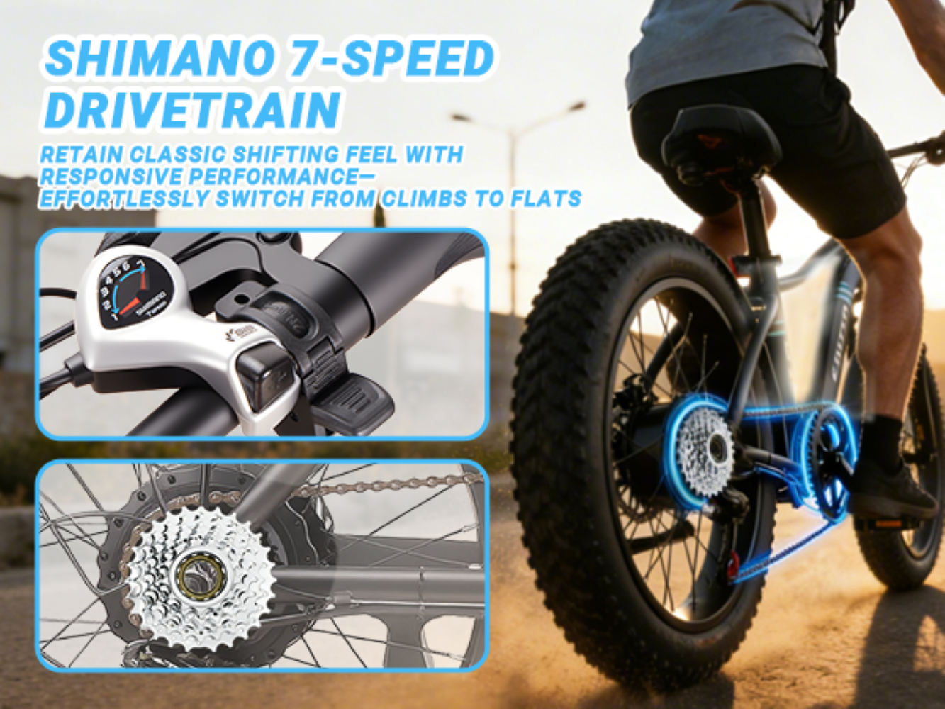 Dettaglio trasmissione e-bike: cambio, cassetta, catena e ruota posteriore.