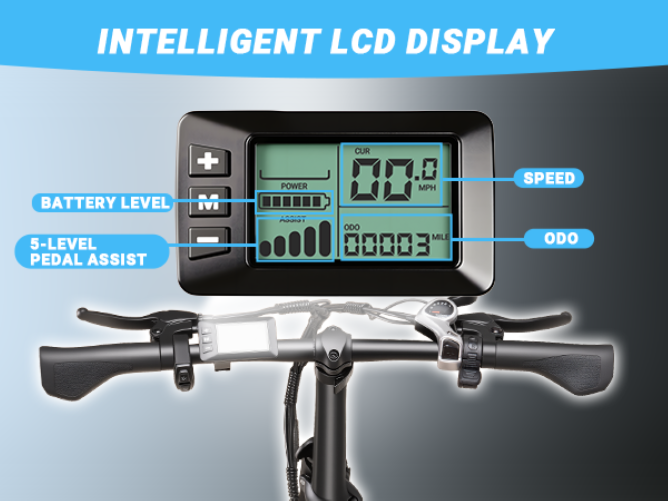 Display LCD intelligente mostra batteria, velocità e contachilometri.