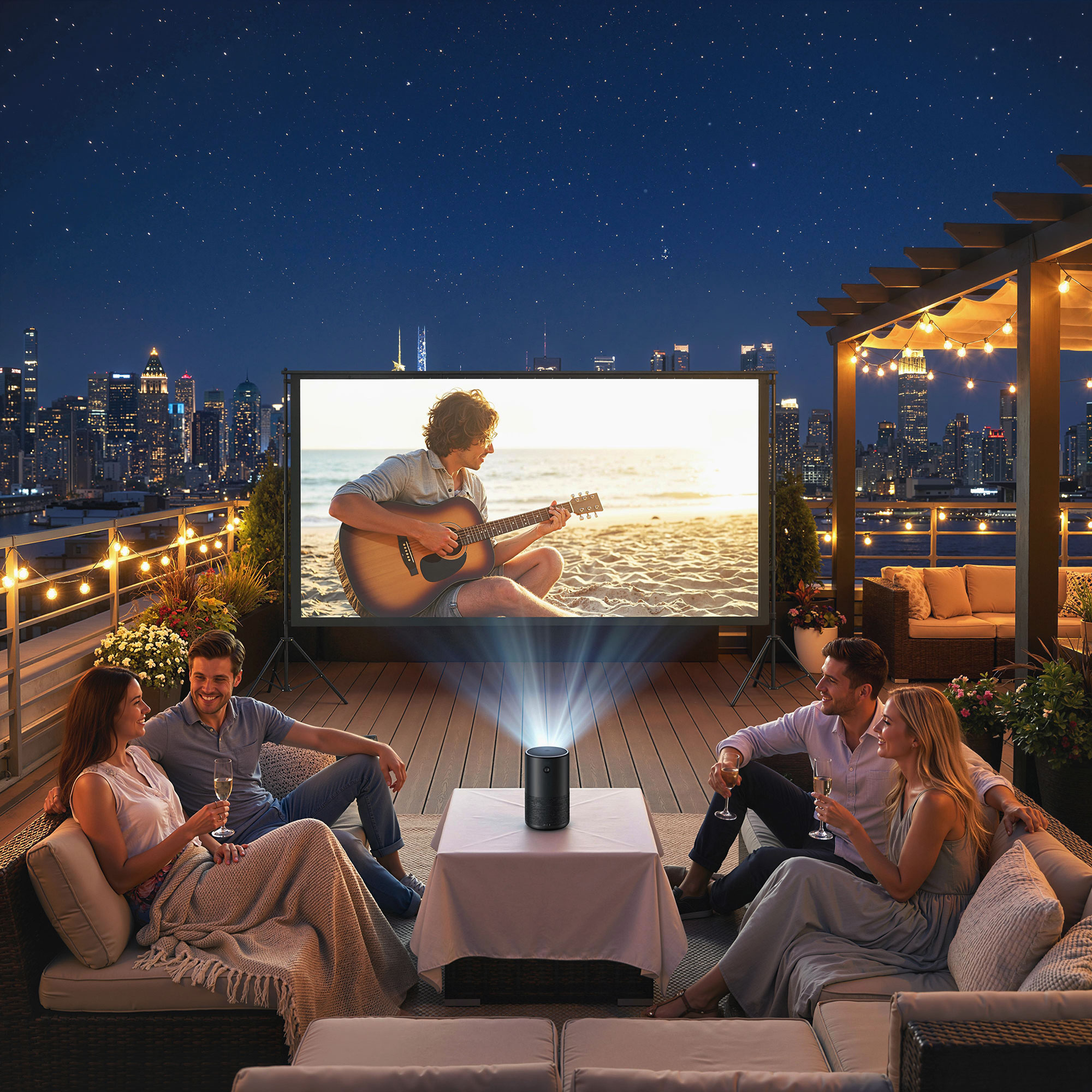 Persone su un tetto guardano un film proiettato su schermo di notte con skyline.