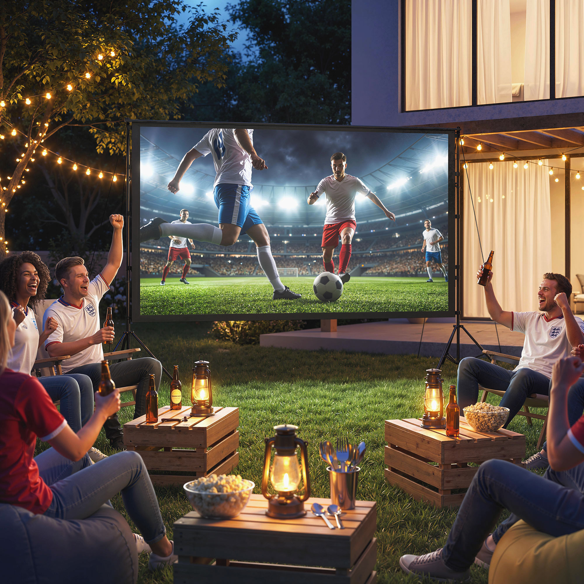 Amici guardano il calcio in giardino di notte, con luci e birra.