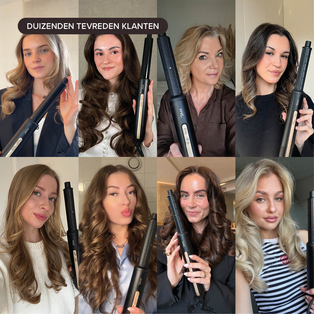 Collage van acht vrouwen met krultangen. Bovenste tekst: 'Duizenden tevreden klanten'.