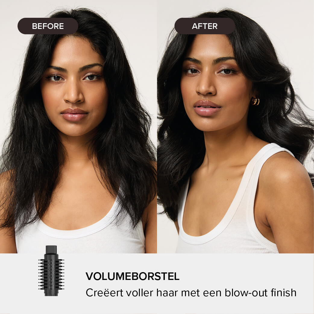 Voor en na vergelijking van het haar van een vrouw gestyled met een volumeborstel.
