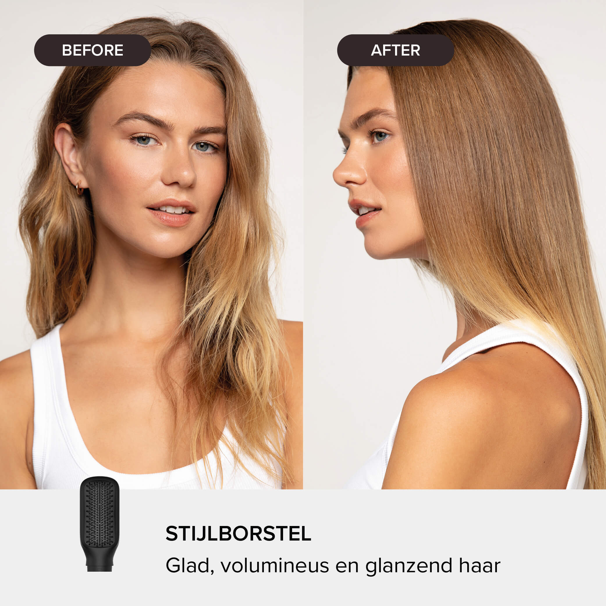 Voor- en na-splitsing van een vrouw met golvend haar dat glad wordt.