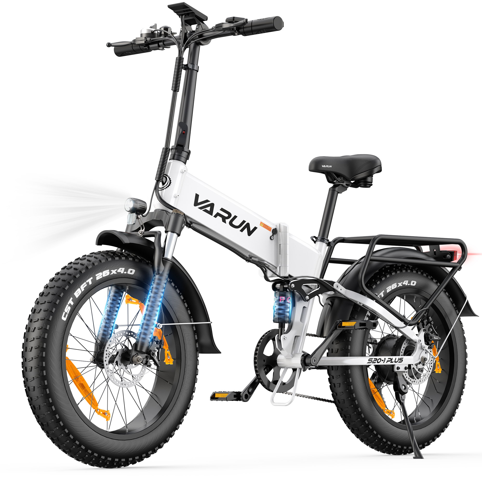 Biały składany rower elektryczny z grubymi oponami, światłami przednimi i tylnymi.