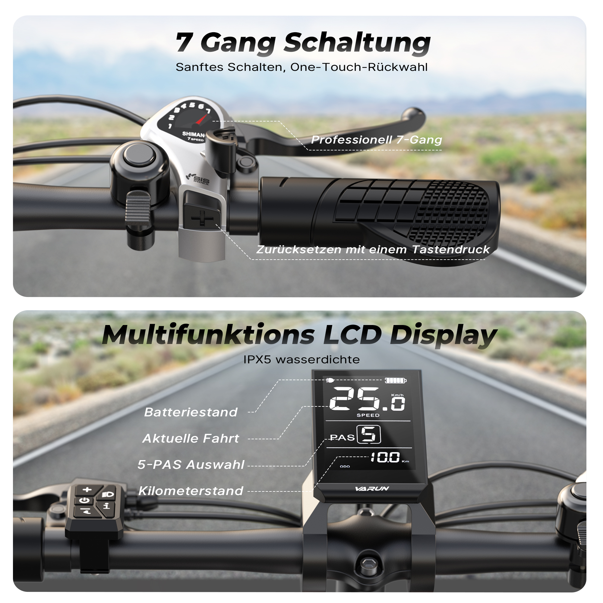 Kierownica roweru z przerzutką i wyświetlaczem LCD pokazującym prędkość i licznik.