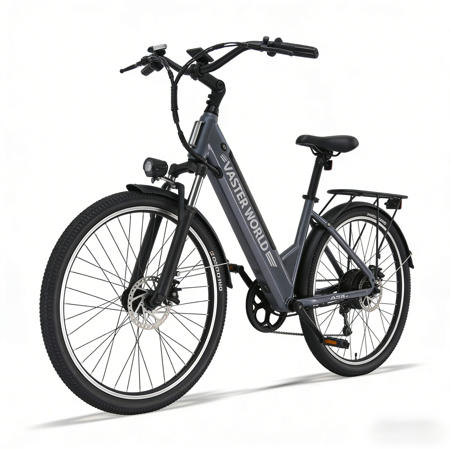 Szary rower elektryczny z grubymi oponami, amortyzowanym widelcem, bagażnikiem i światłem.