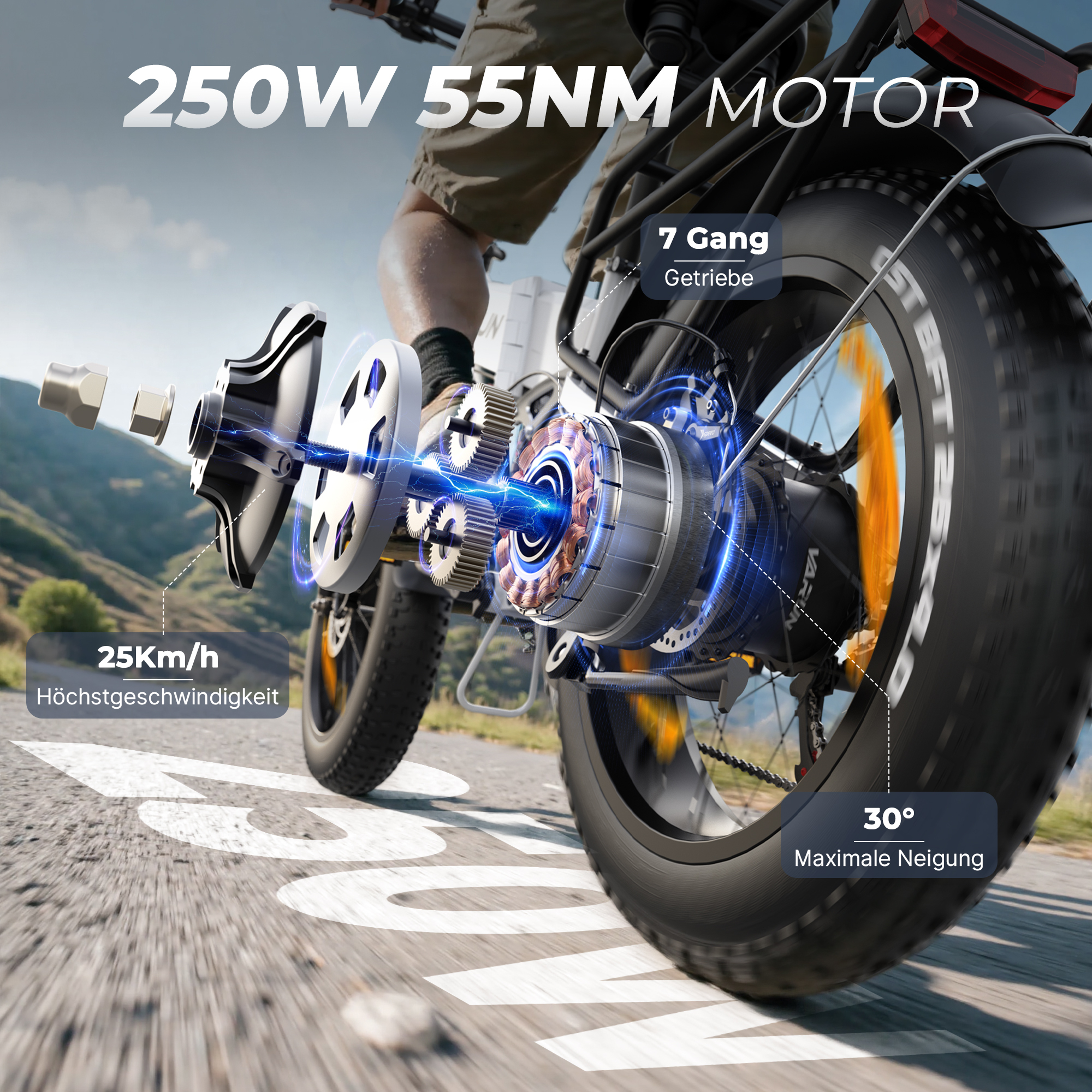 Silnik roweru 250W, 55NM, 7 biegów, 25km/h, nachylenie 30°.