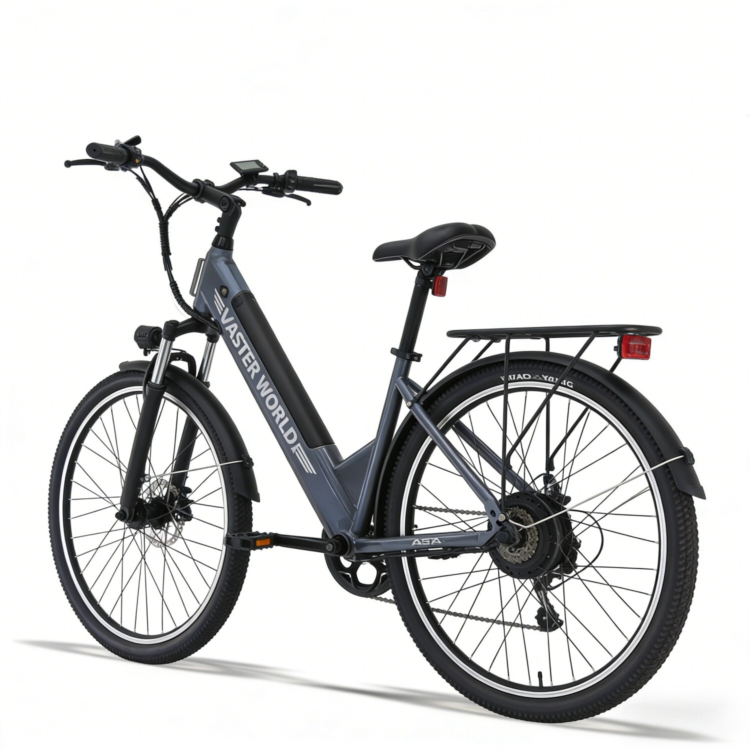 Szary rower elektryczny z bagażnikiem, białe tło.