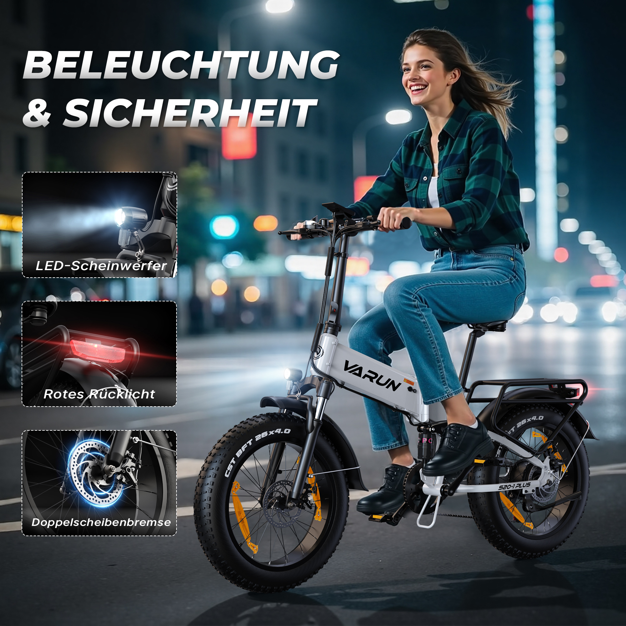 Kobieta jedzie nocą na rowerze elektrycznym, skupiając się na oświetleniu i hamulcach.