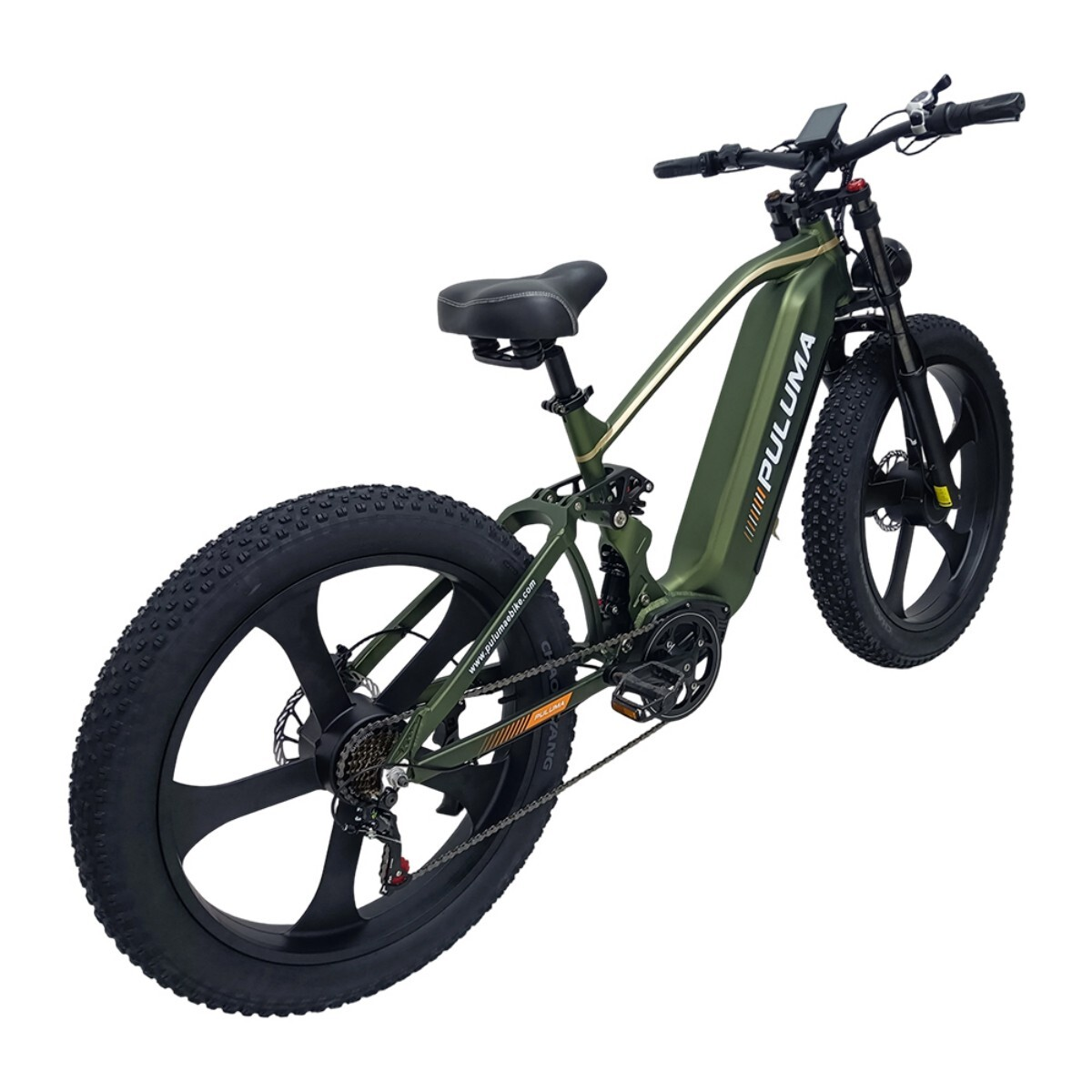 Zielony rower elektryczny typu fat bike z pełnym zawieszeniem i czarnymi obręczami.