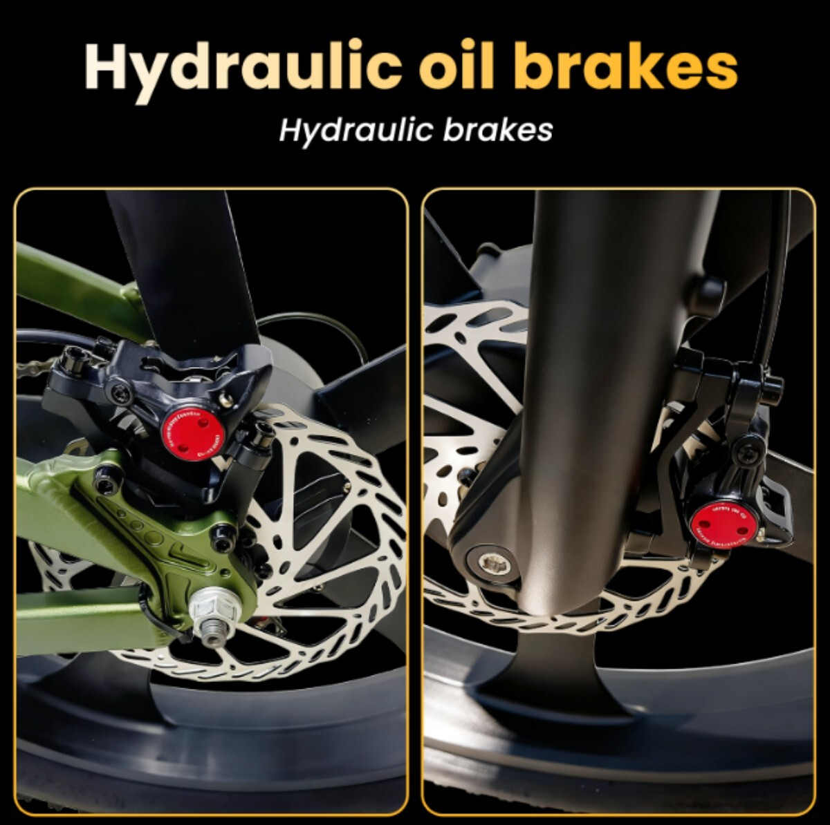 Hydrauliczne hamulce tarczowe w rowerze, widok tylny lewy i przedni prawy.