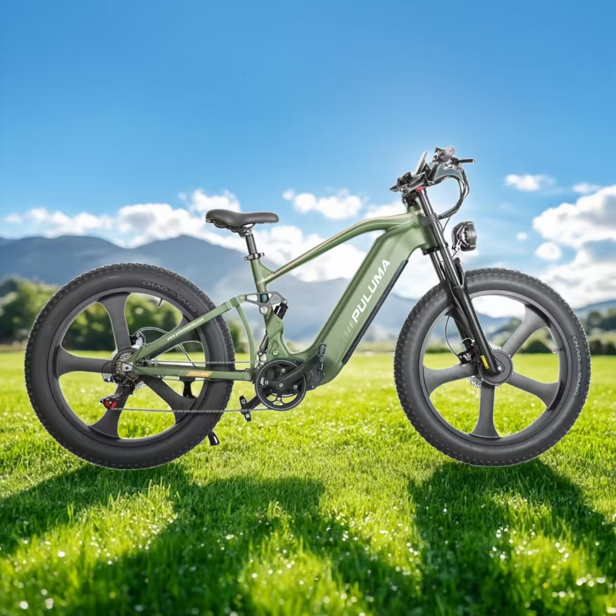 Zielony rower elektryczny z grubymi oponami na słonecznej trawie z górami w tle.