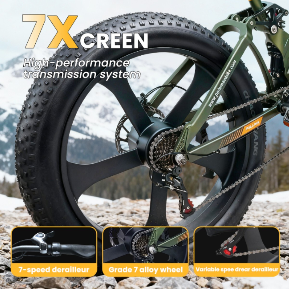 Zielony rower fatbike z napędem 7X CREENS w górach. Zbliżenie na tylne koło.