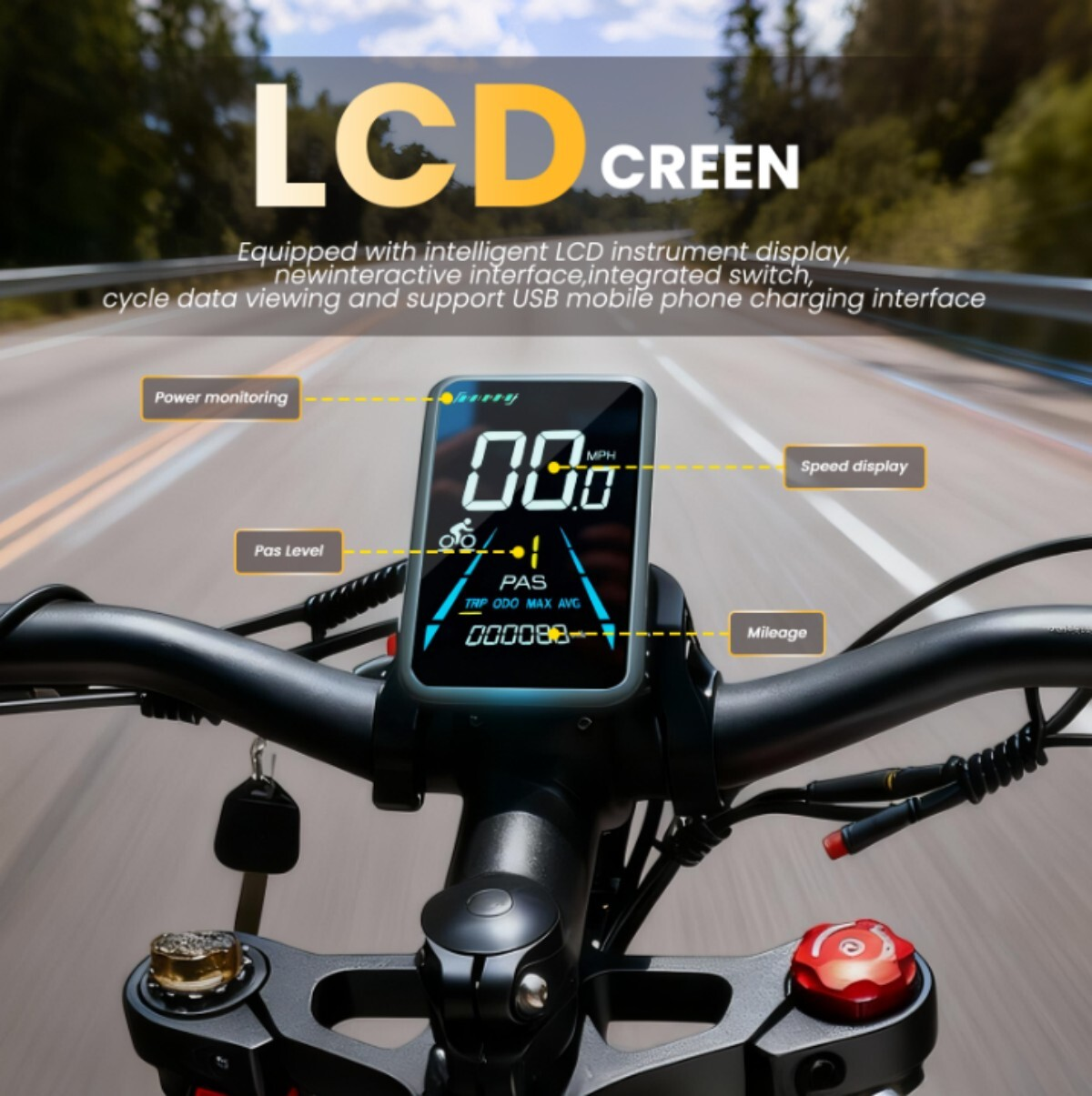 Kierownica roweru z wyświetlaczem LCD pokazującym prędkość, moc i przebieg.