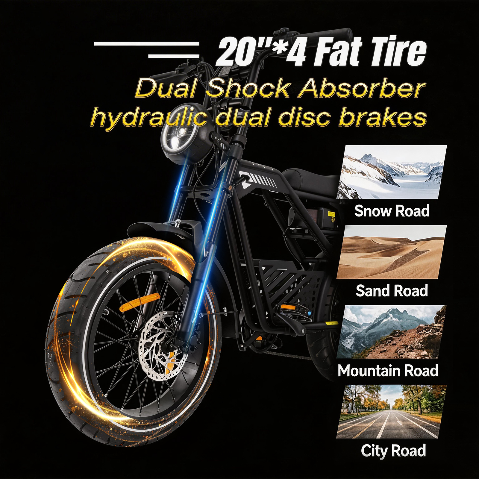 Czarny rower elektryczny z grubymi oponami, podwójnym amortyzatorem i hamulcami tarczowymi.