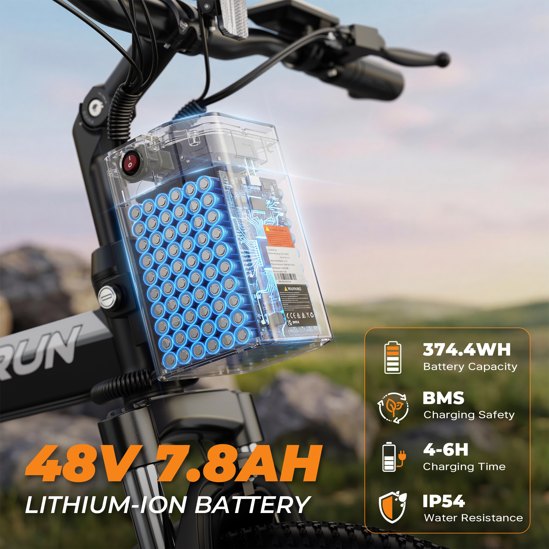 Akumulator do roweru elektrycznego 48V 7.8AH, pojemność 374.4WH, BMS, czas ładowania 4-6H, IP54.