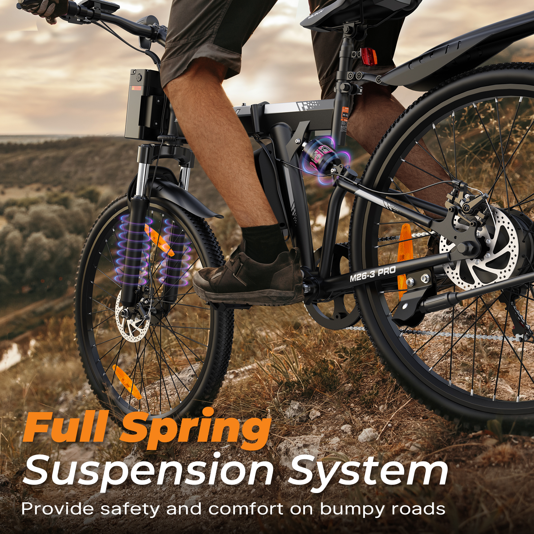 Mężczyzna jedzie rowerem z pełnym zawieszeniem na wyboistym szlaku.