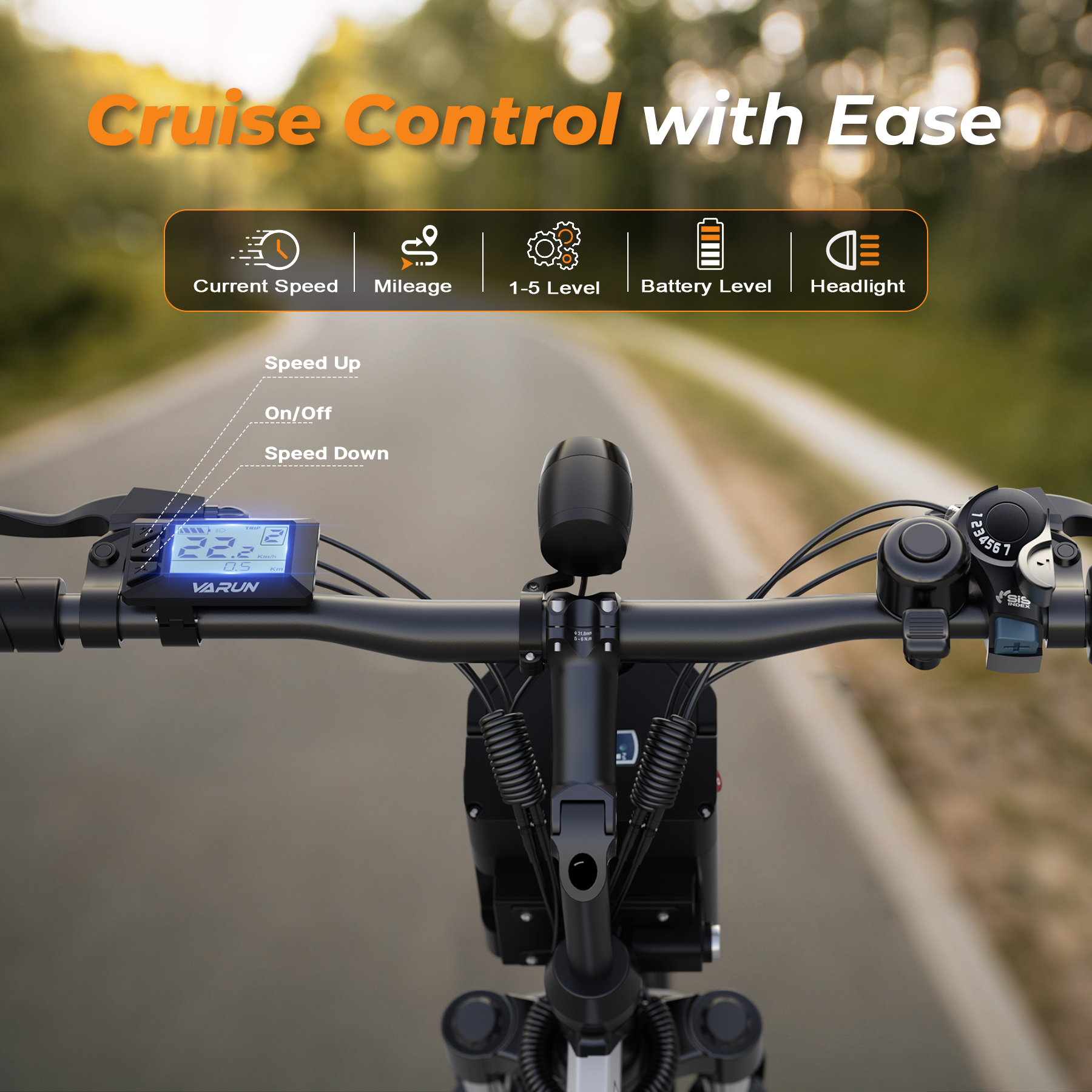 Kierownica roweru elektrycznego z cyfrowym wyświetlaczem, ikony prędkości, przebiegu, poziomu, baterii, światła.