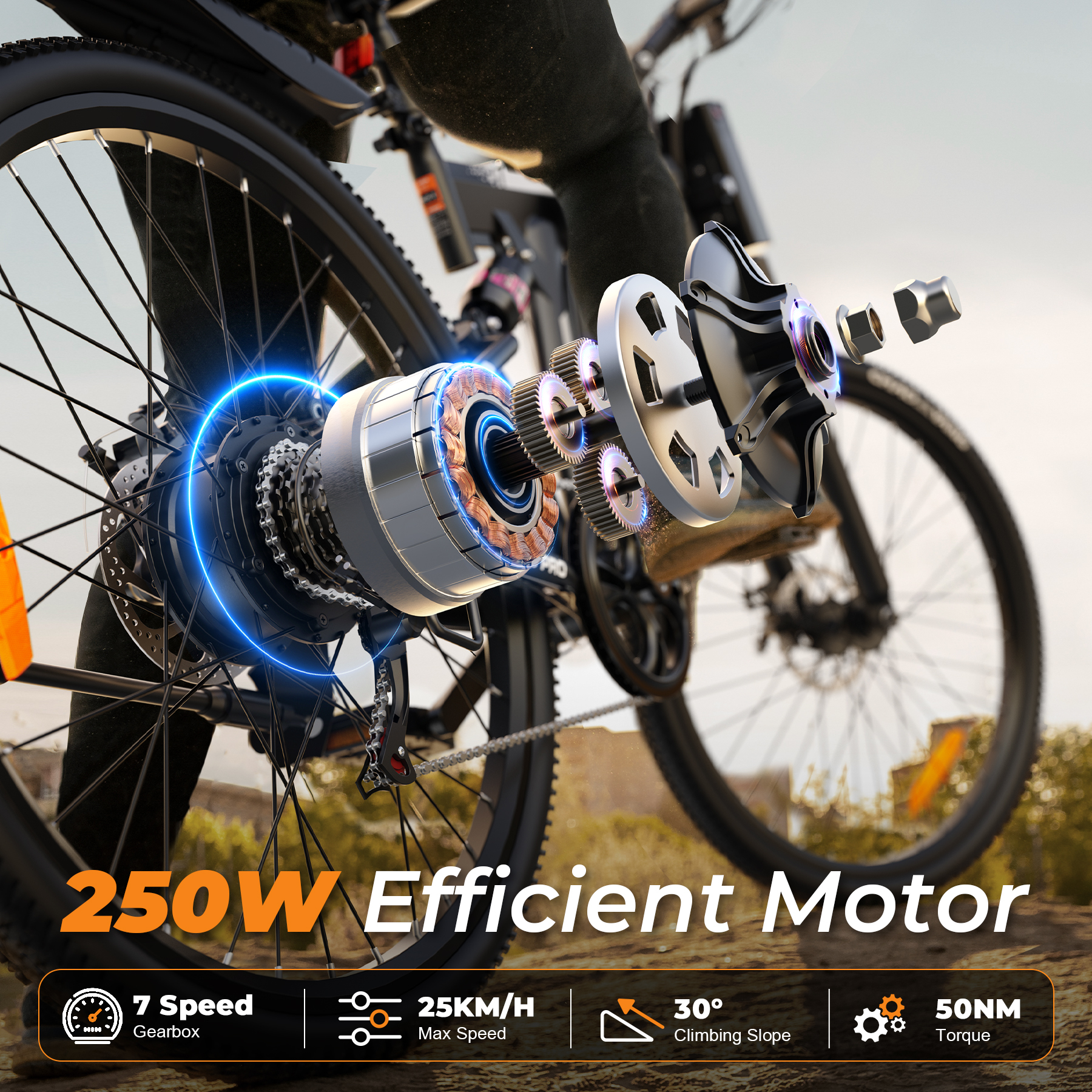 Zbliżenie silnika roweru elektrycznego z zębatkami i tekstem szczegółowo opisującym moc i specyfikacje.