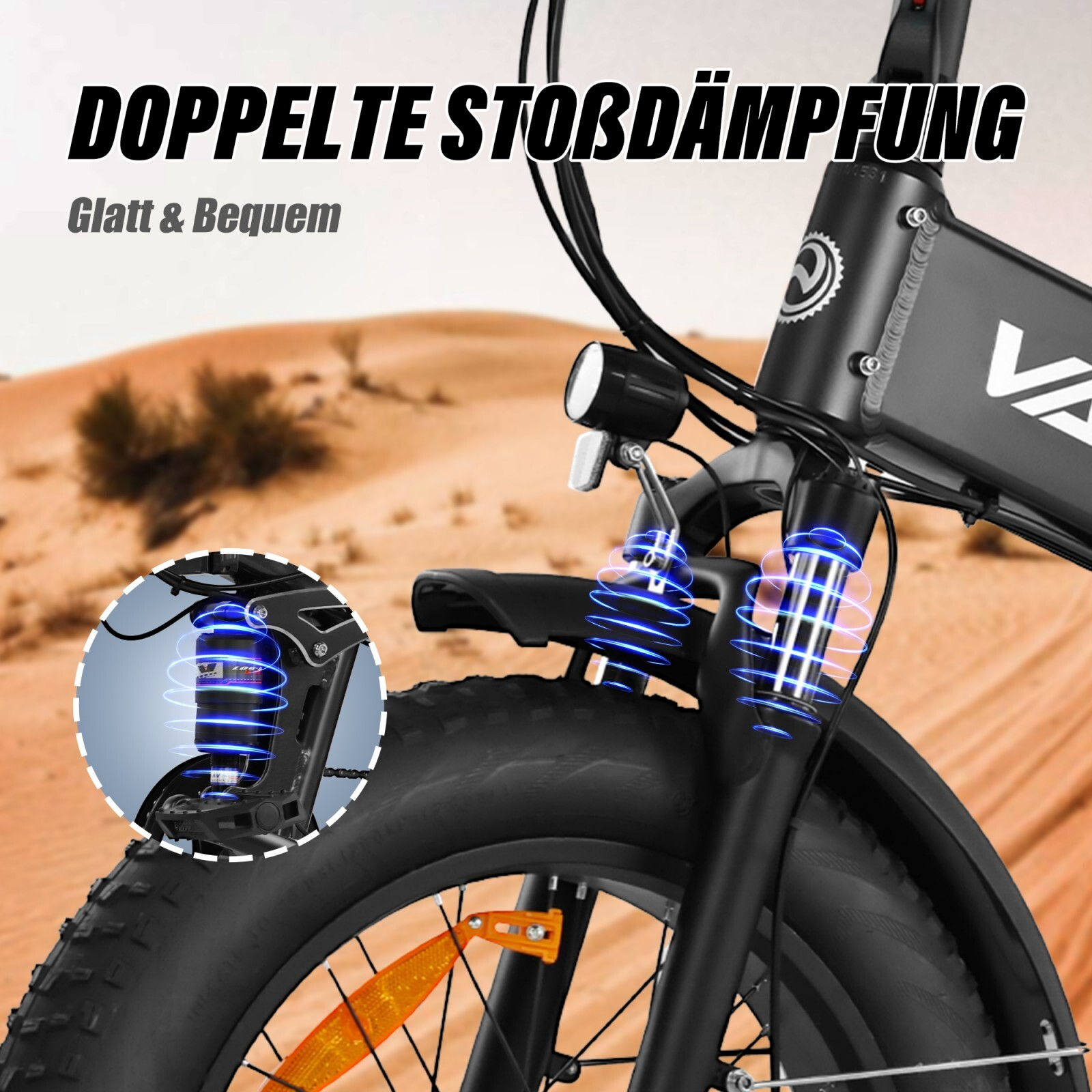 Czarny rower elektryczny z amortyzatorami na pustynnym piasku. Tekst: Podwójna amortyzacja.