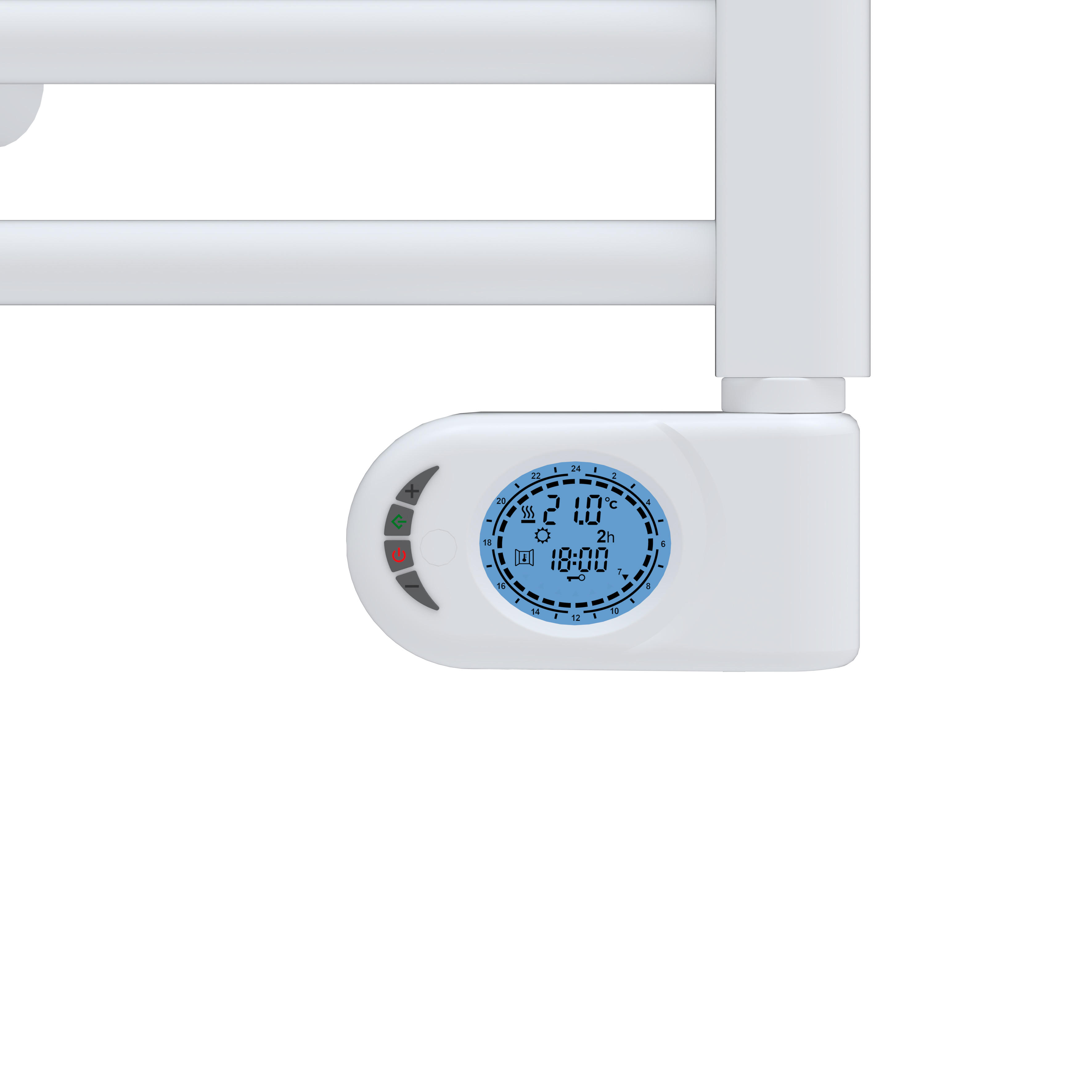 Un termostato digital blanco con pantalla azul muestra 21,0 grados Celsius y 18:00, unido a un tubo blanco.