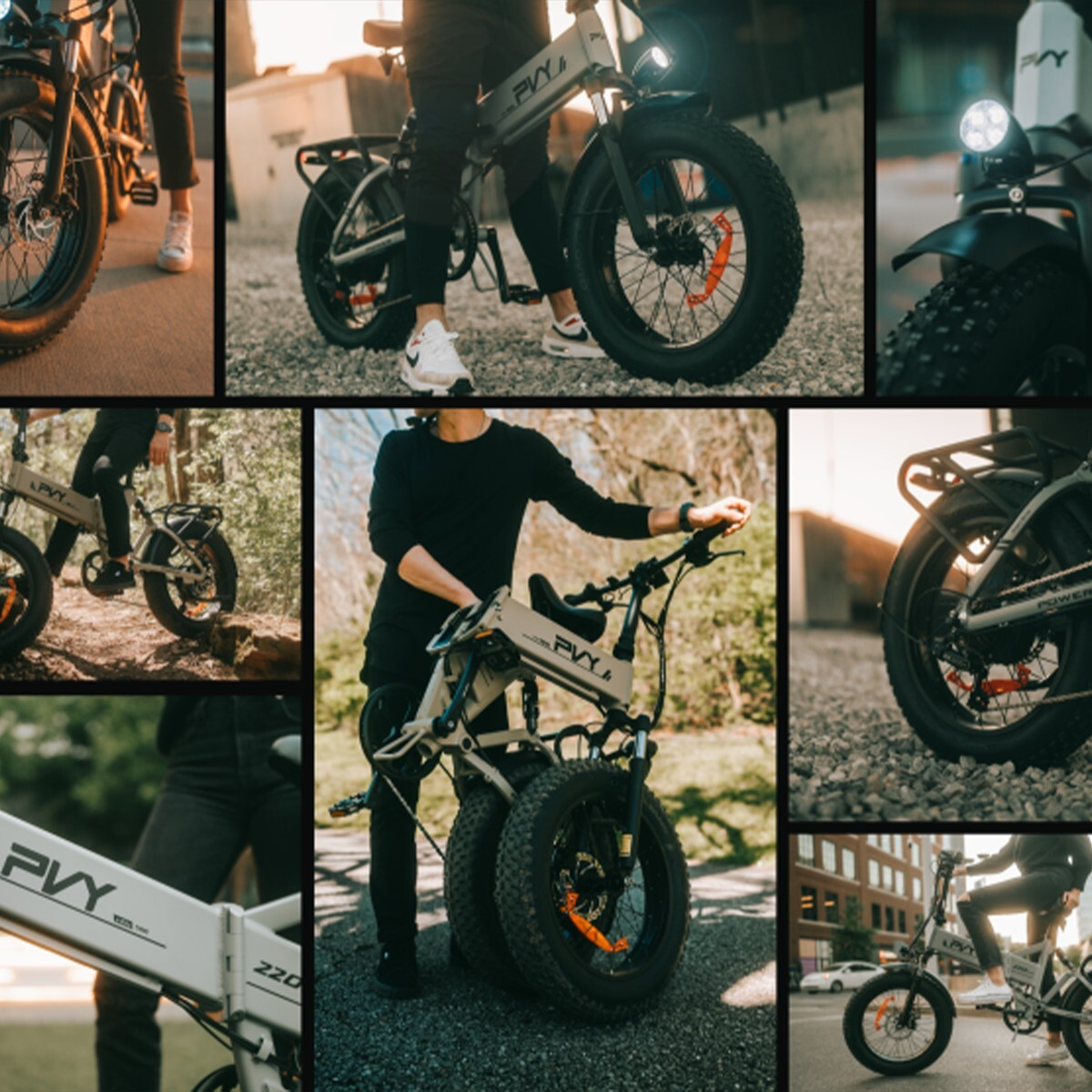 Wiele widoków składanego roweru elektrycznego z grubymi oponami.