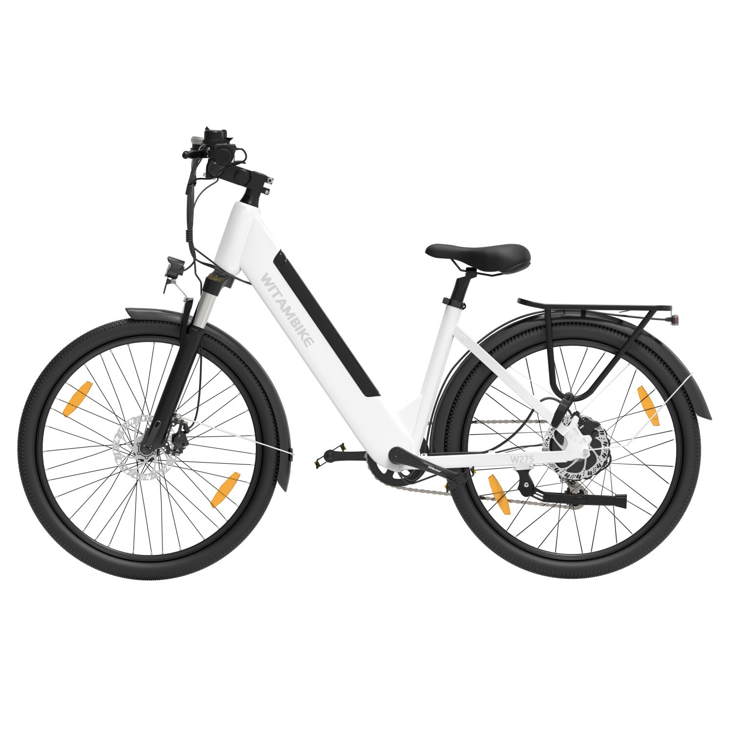Biały rower elektryczny z czarnymi akcentami i bagażnikiem, na białym tle.