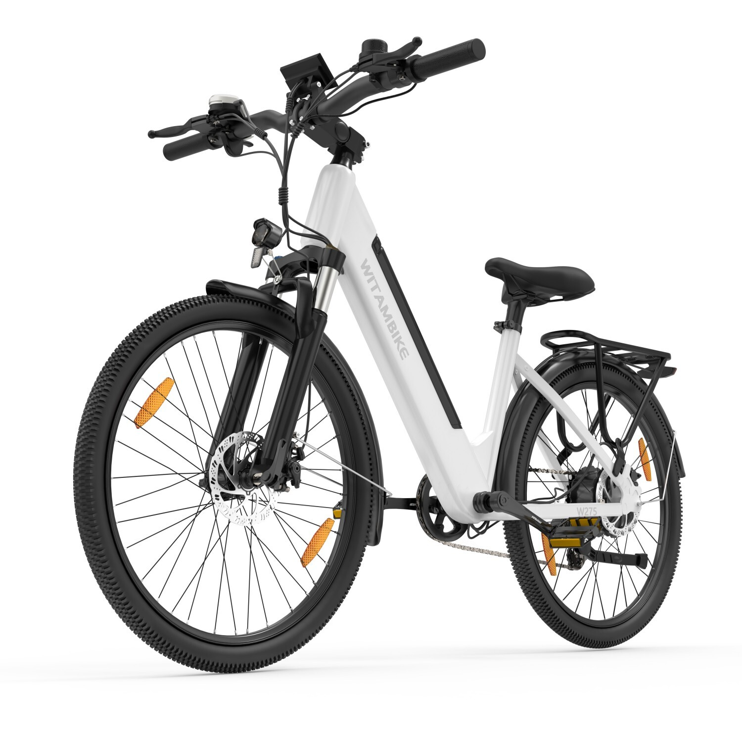 Biały rower elektryczny z czarnymi oponami, amortyzowanym widelcem i bagażnikiem.